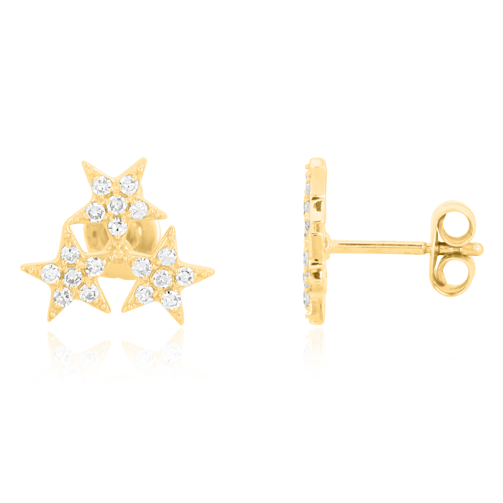 Yellow Gold Pave Diamond Triple Star Studs