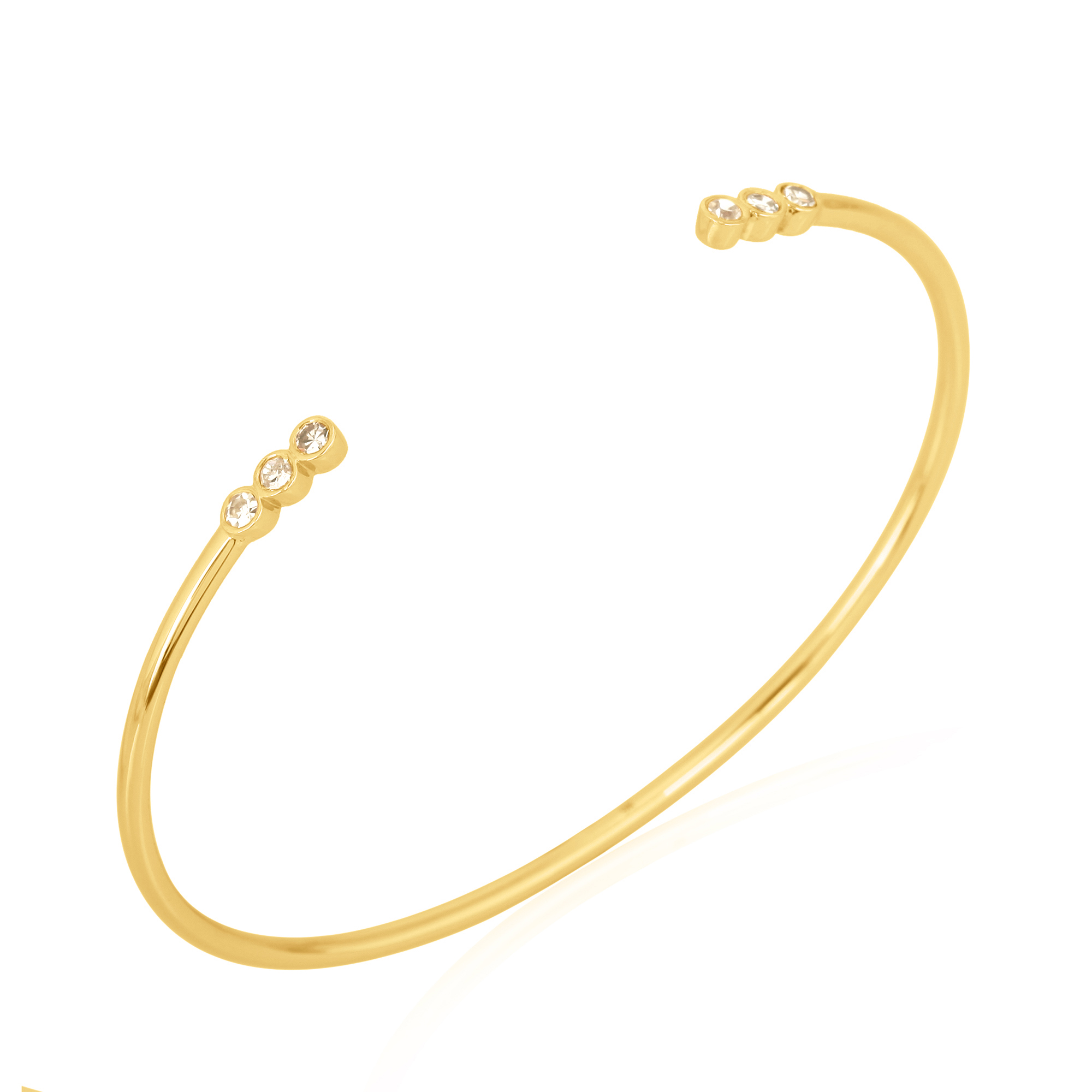 Yellow Gold Open Oval Cuff Three Diamond Bangle