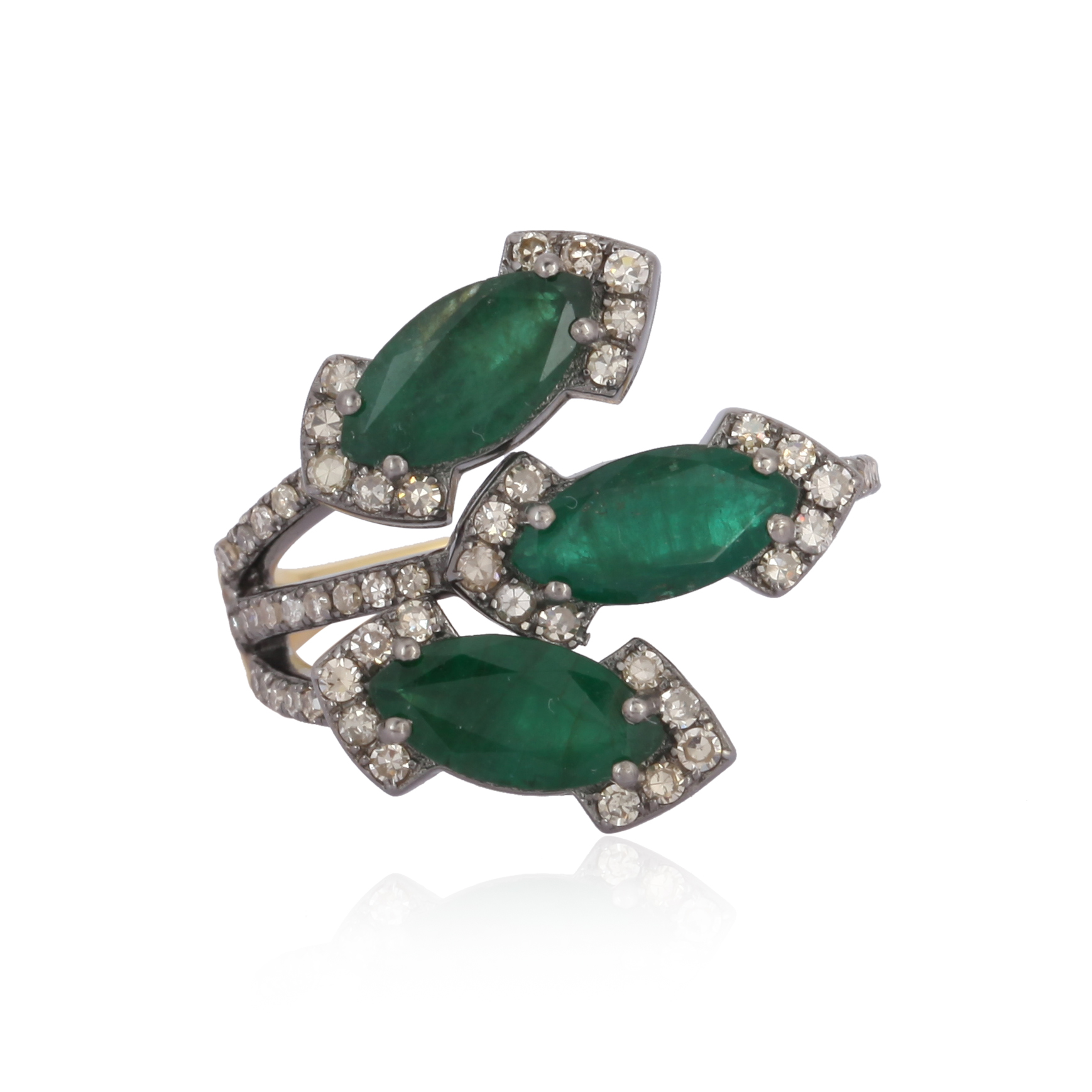 Sterling Silver Emerald Diamond Leaf Ring