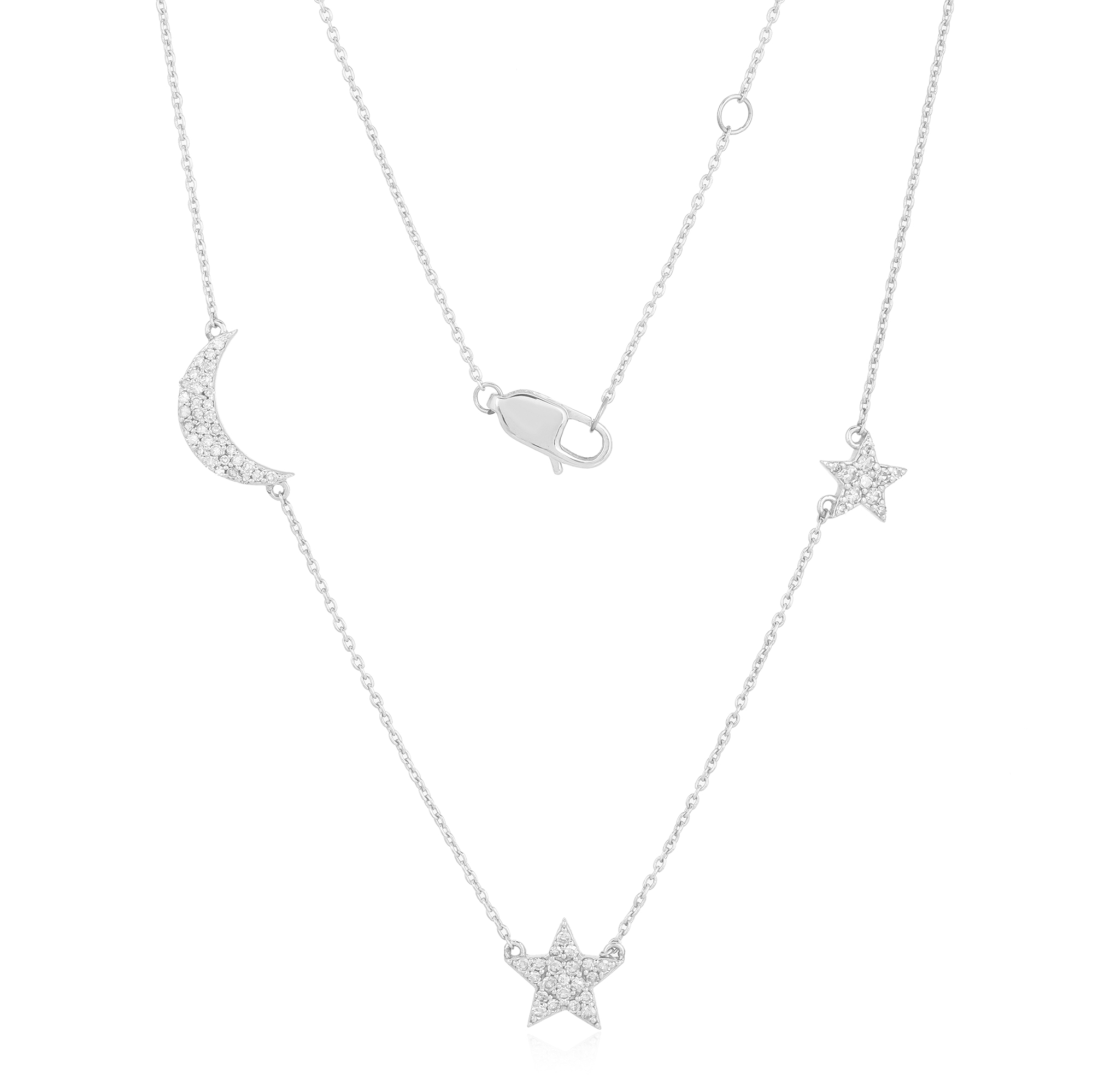 White Gold Moon and Star Diamond Charm Necklace