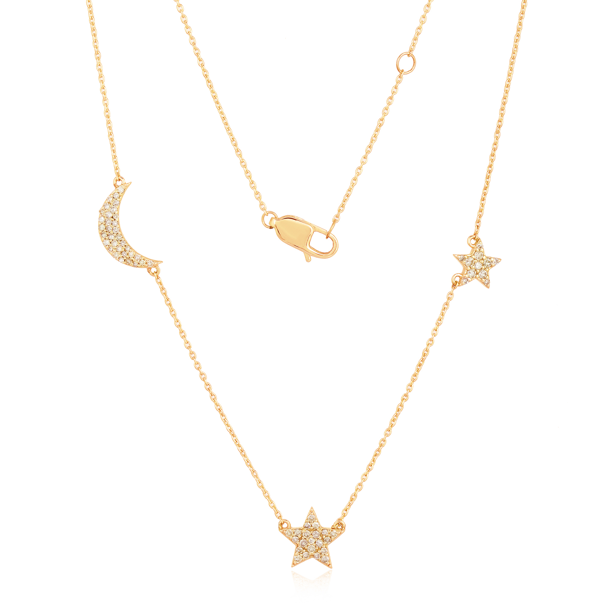 Yellow Gold Moon and Star Diamond Charm Necklace
