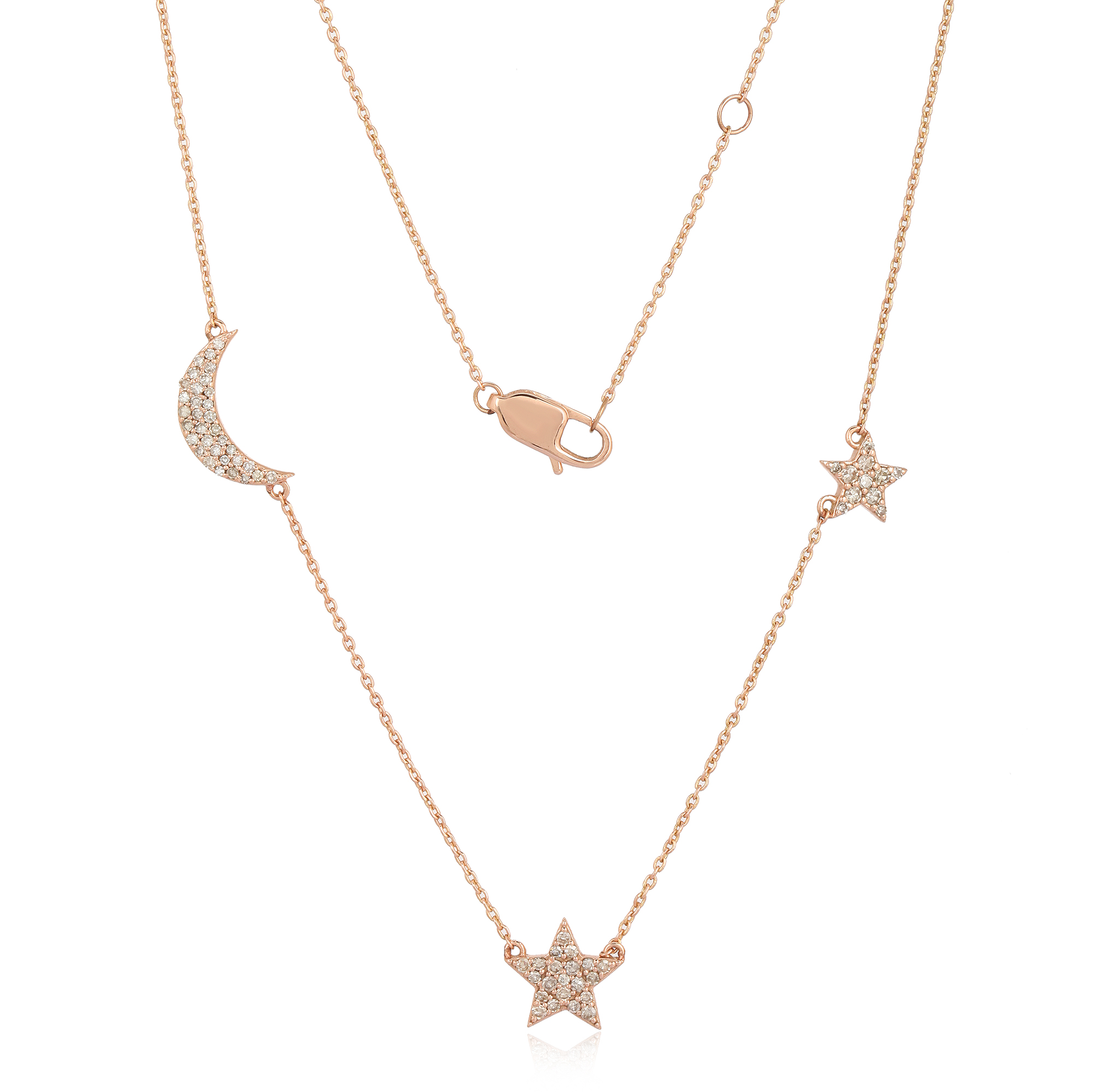Rose Gold Moon and Star Diamond Charm Necklace