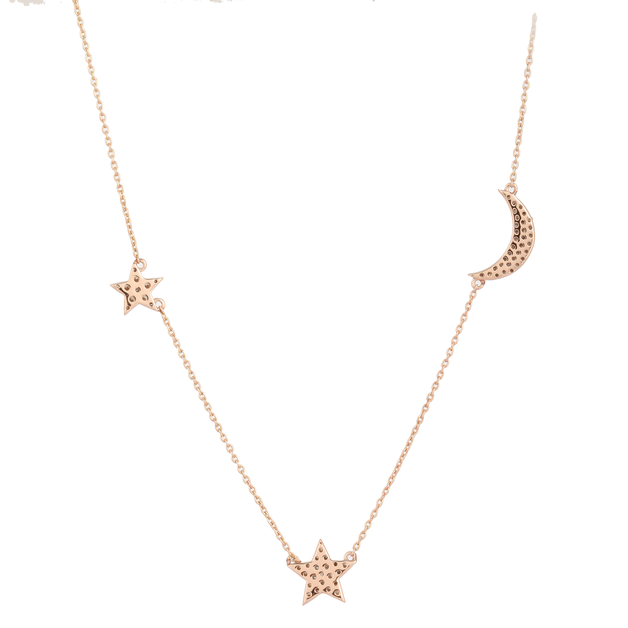 Rose Gold Moon and Star Diamond Charm Necklace