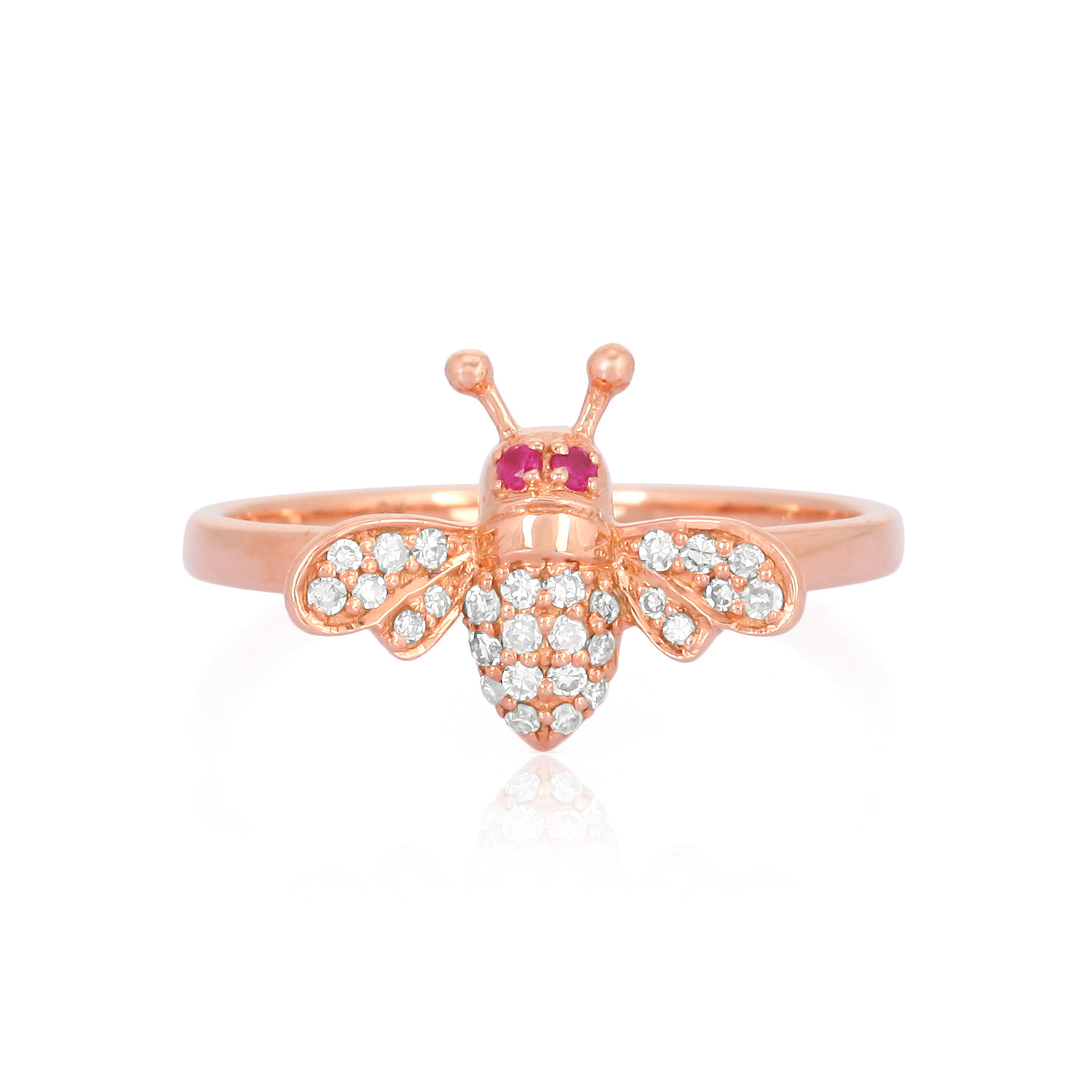 Rose Gold Honey Bee Diamond Ring with Ruby Eyes