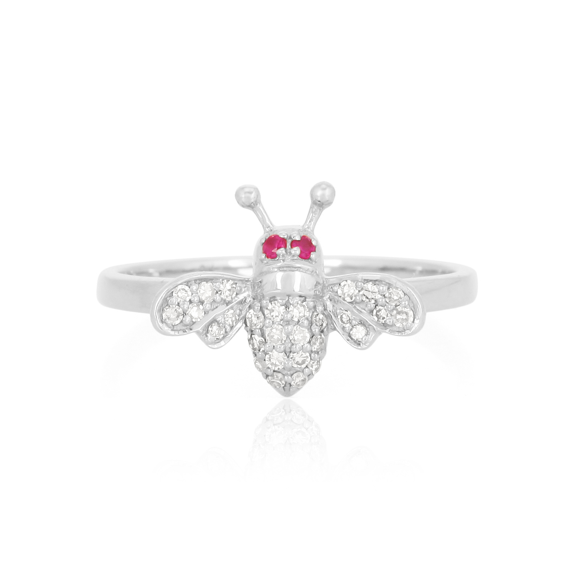 White Gold old Honey Bee Diamond Ring with Ruby Eyes