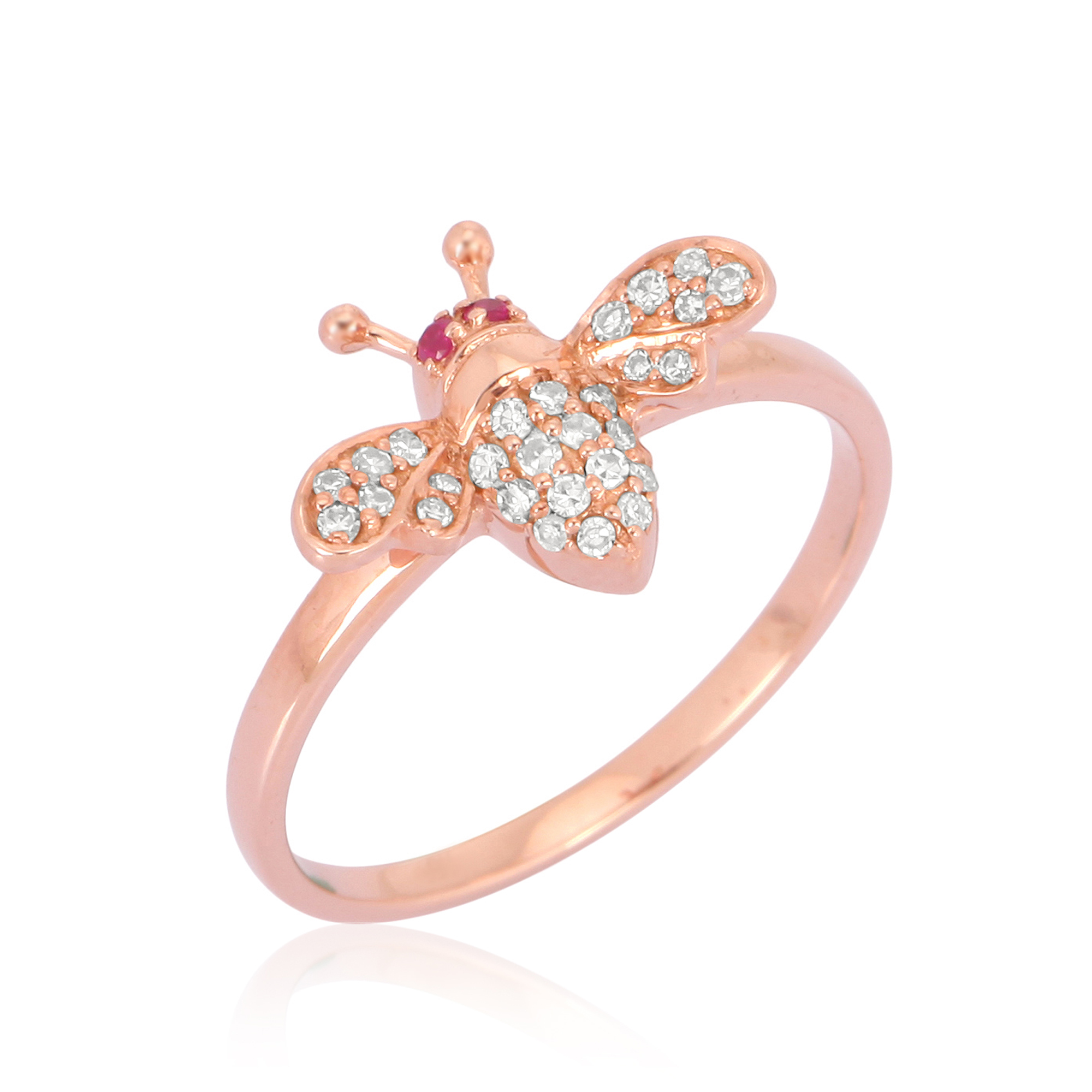 Rose Gold Honey Bee Diamond Ring with Ruby Eyes