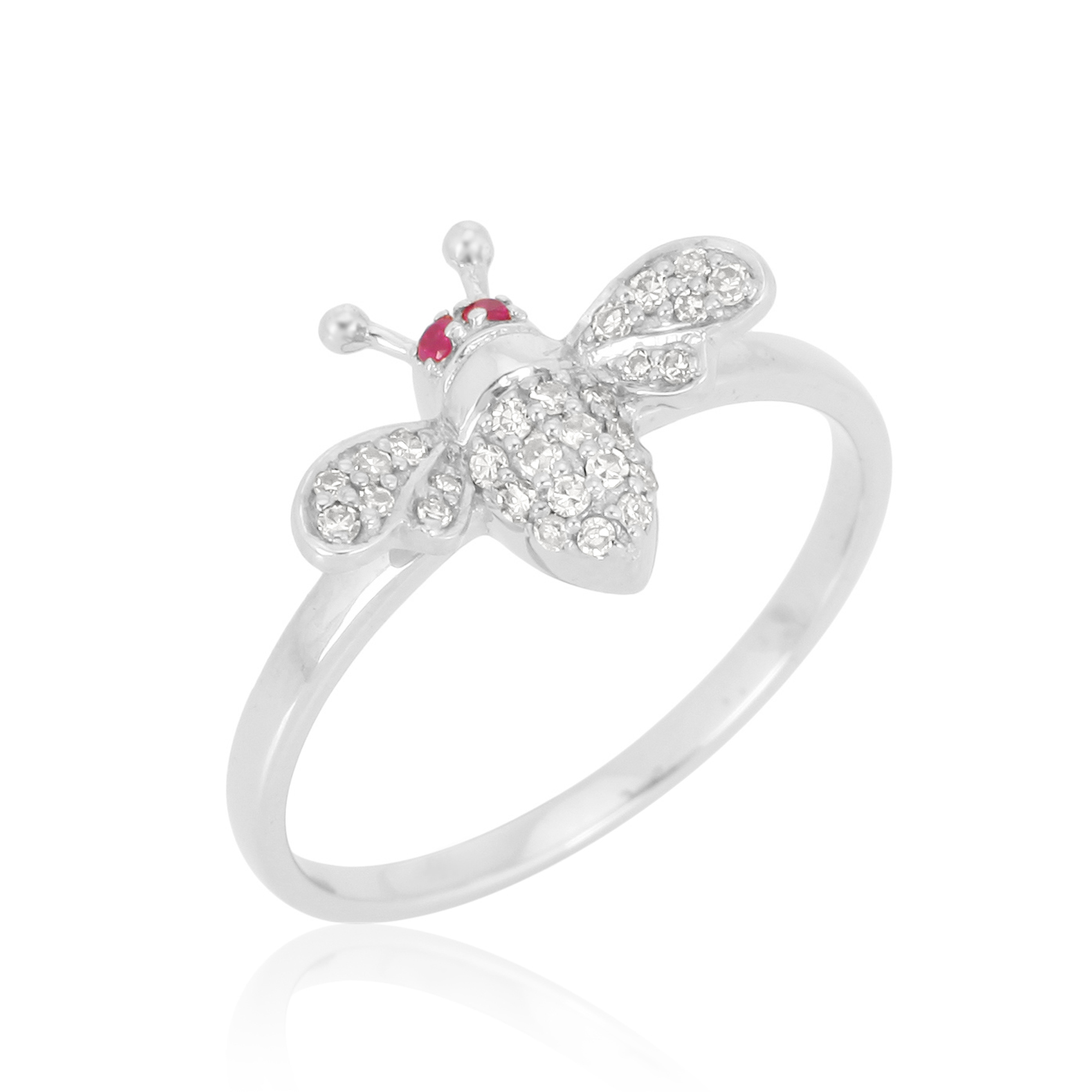 White Gold old Honey Bee Diamond Ring with Ruby Eyes