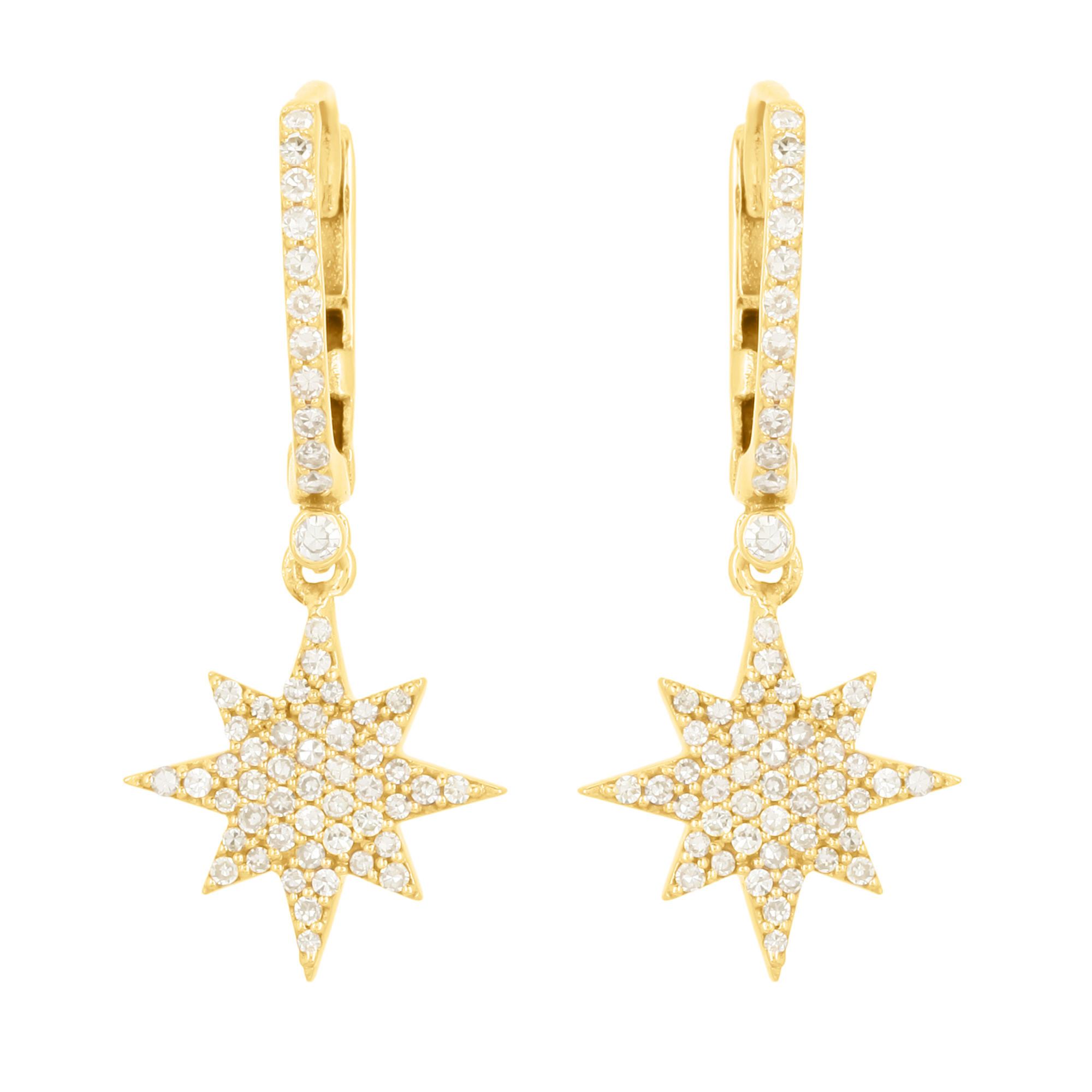 Yellow Gold Hanging Bursting Star Diamond Earrings