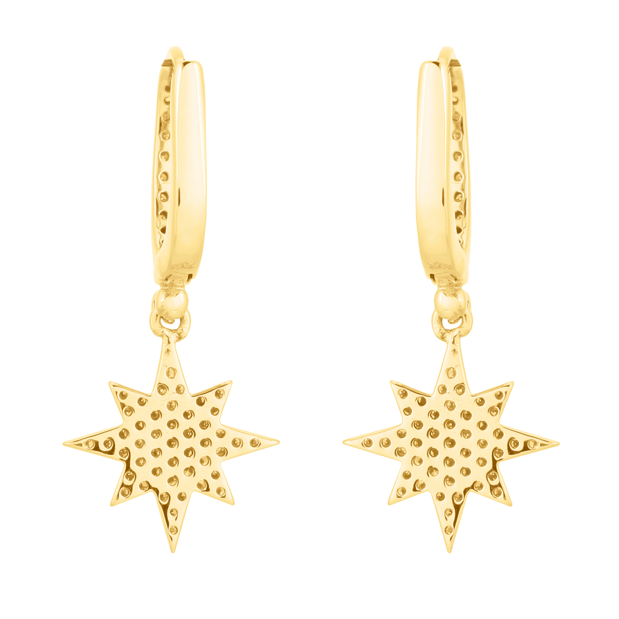 Yellow Gold Hanging Bursting Star Diamond Earrings