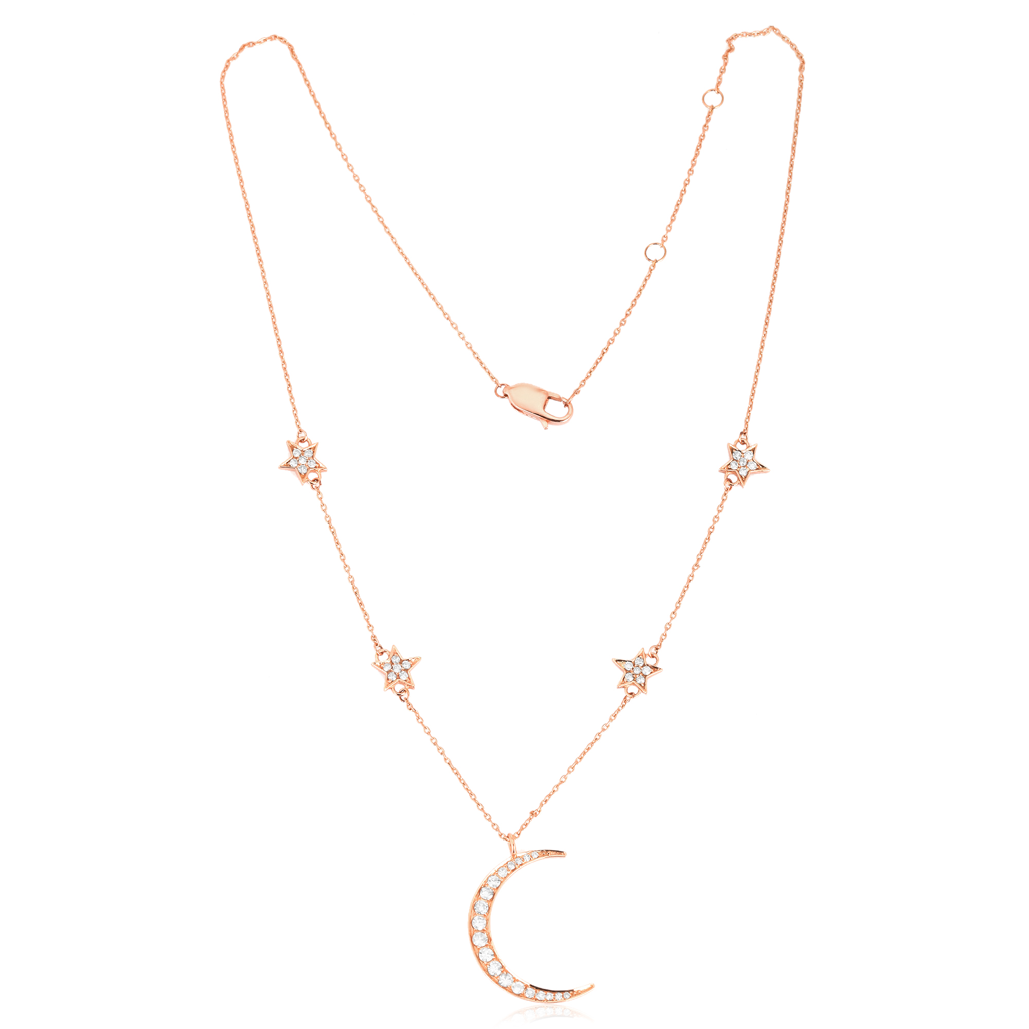 Rose Gold Star and Moon Charm Diamond Necklace