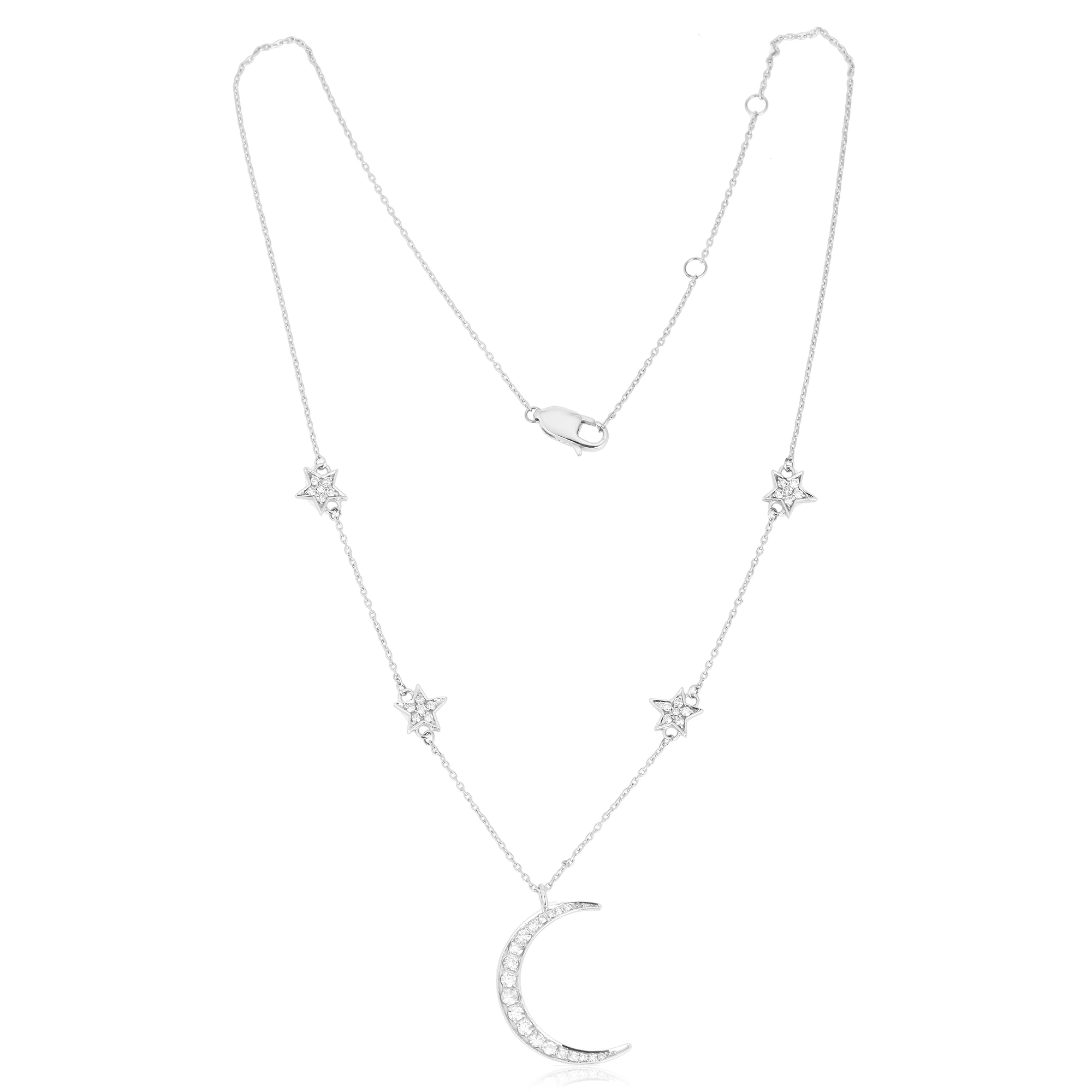 White Gold Star and Moon Charm Diamond Necklace