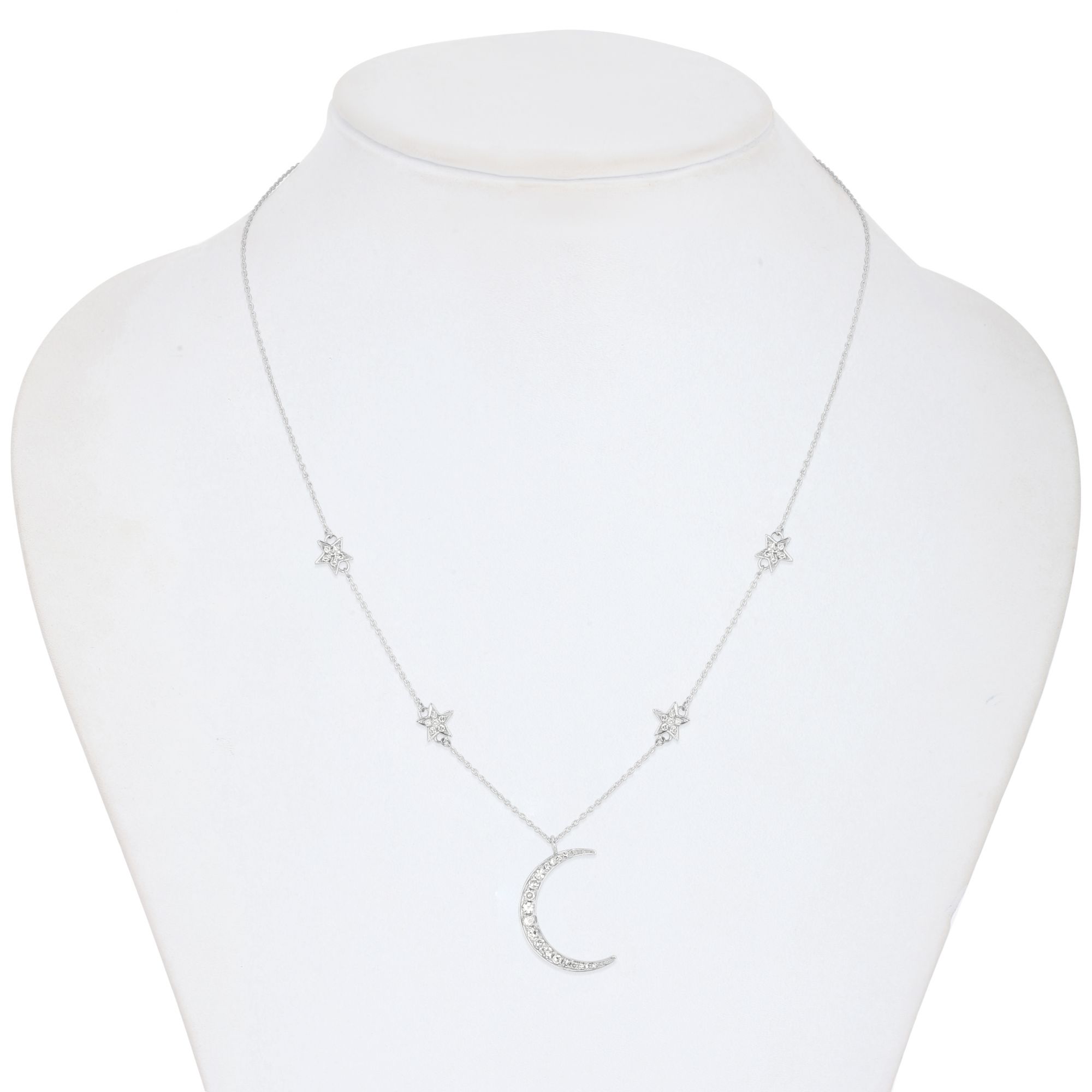 White Gold Star and Moon Charm Diamond Necklace
