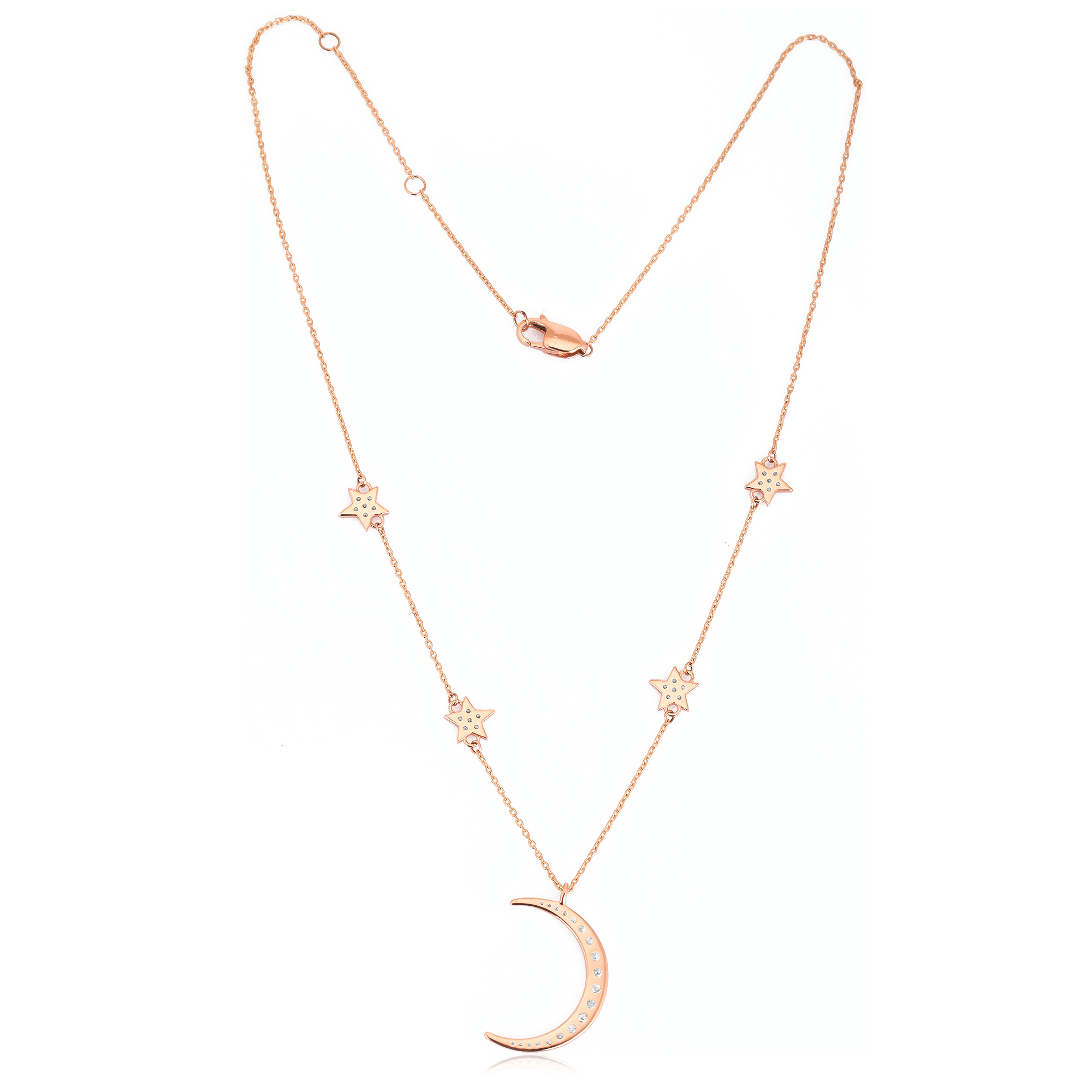 Rose Gold Star and Moon Charm Diamond Necklace