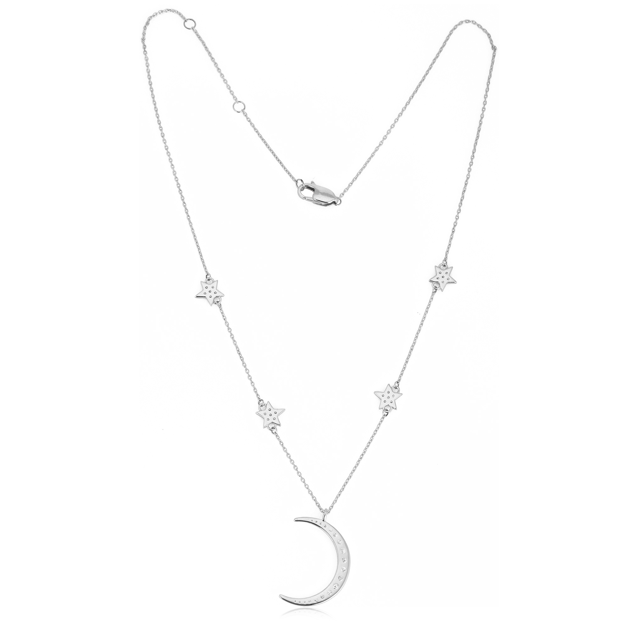 White Gold Star and Moon Charm Diamond Necklace