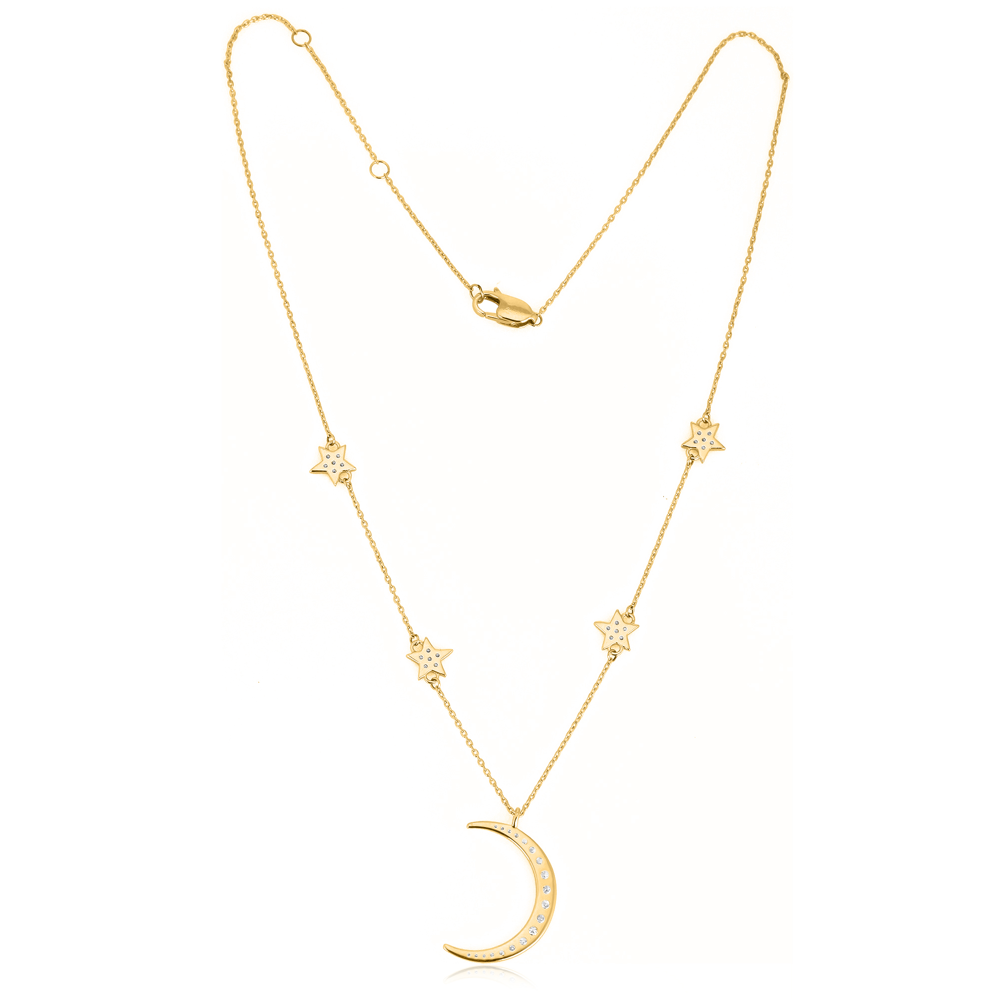 Yellow Gold Star and Moon Charm Diamond Necklace