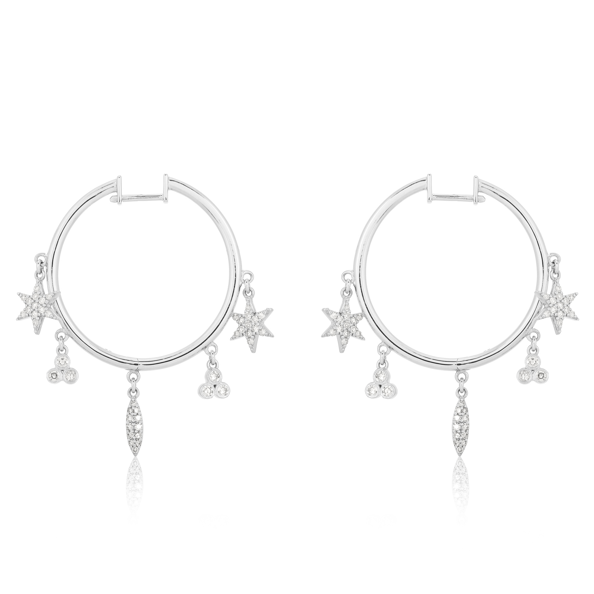 White Gold Hoops With Multiple Hanging Diamond Charms