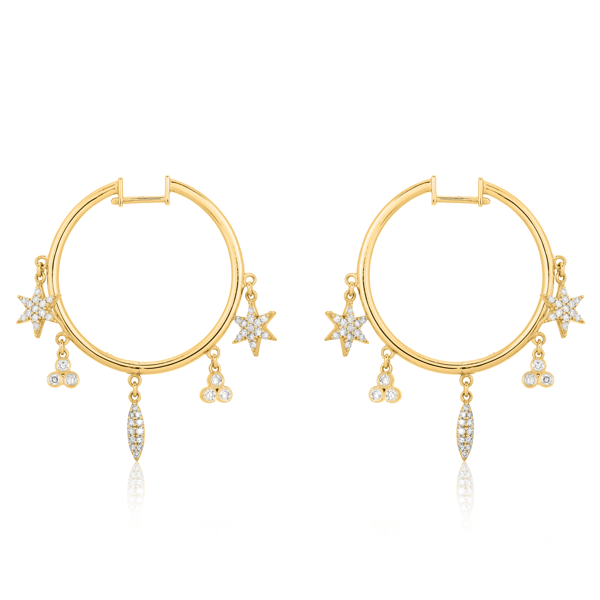 Yellow Gold Hoops With Multiple Hanging Diamond Charms