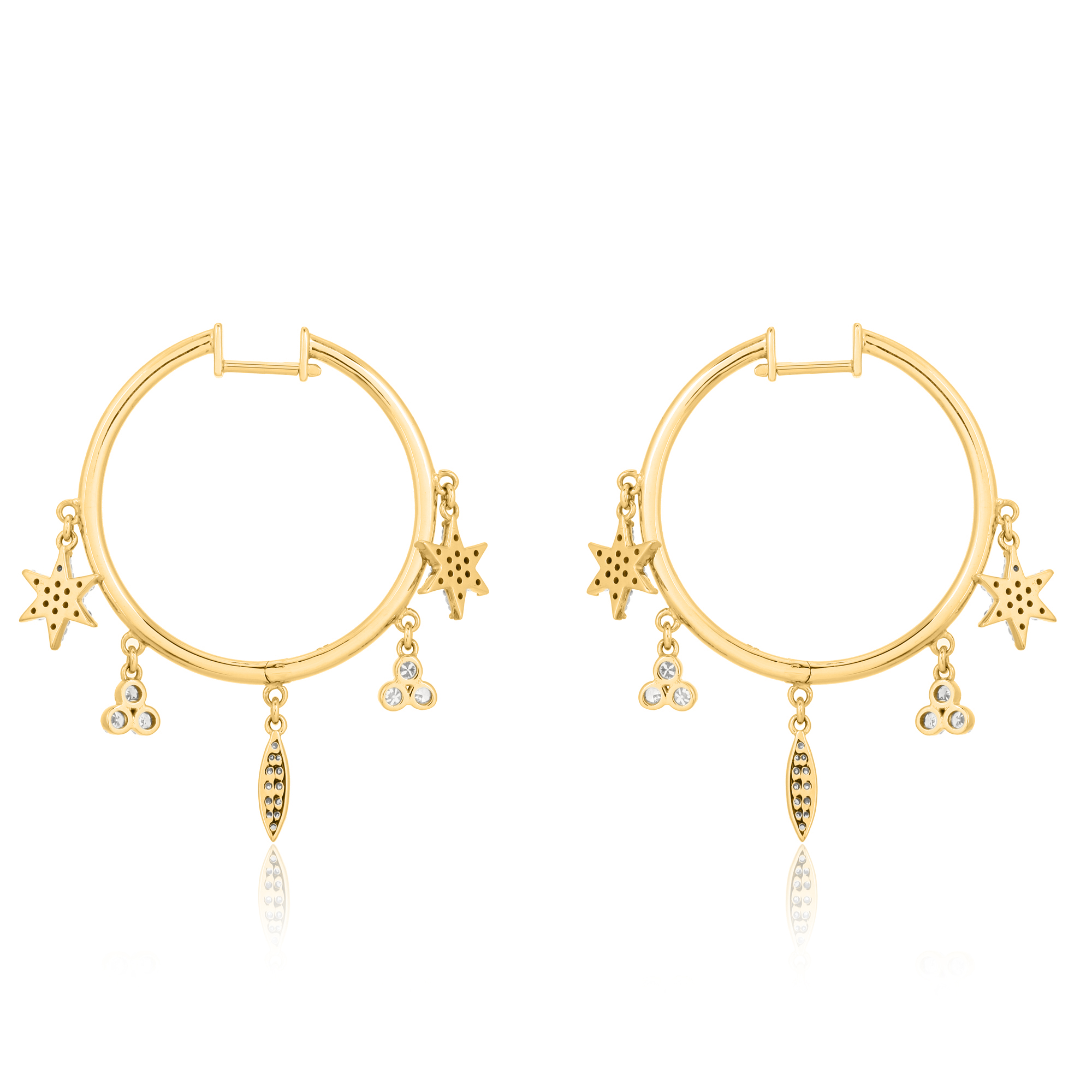 Yellow Gold Hoops With Multiple Hanging Diamond Charms