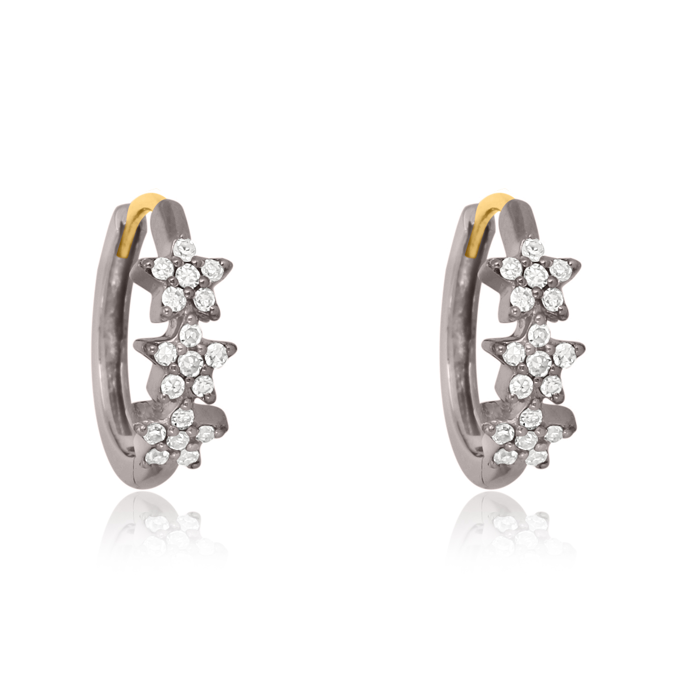 Sterling Silver Tri Star Diamond Huggie Hoop Earrings