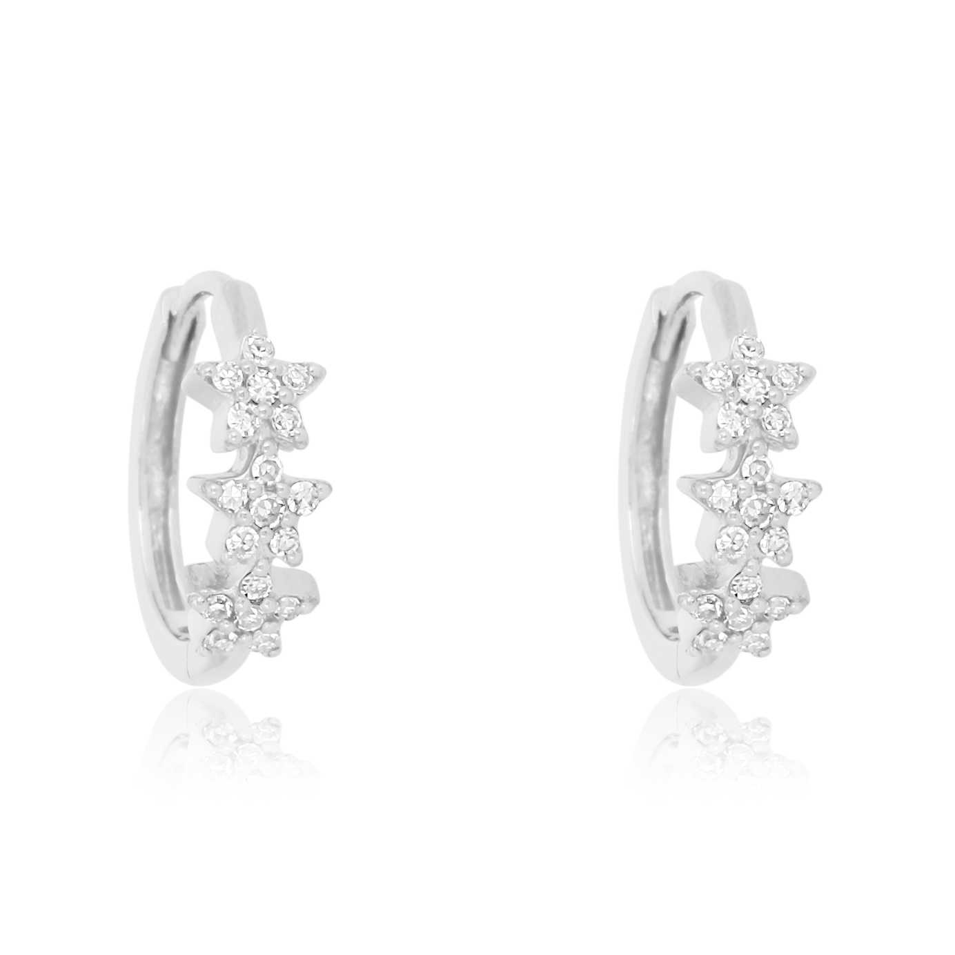 Sterling Silver Tri Star Diamond Huggie Hoop Earrings
