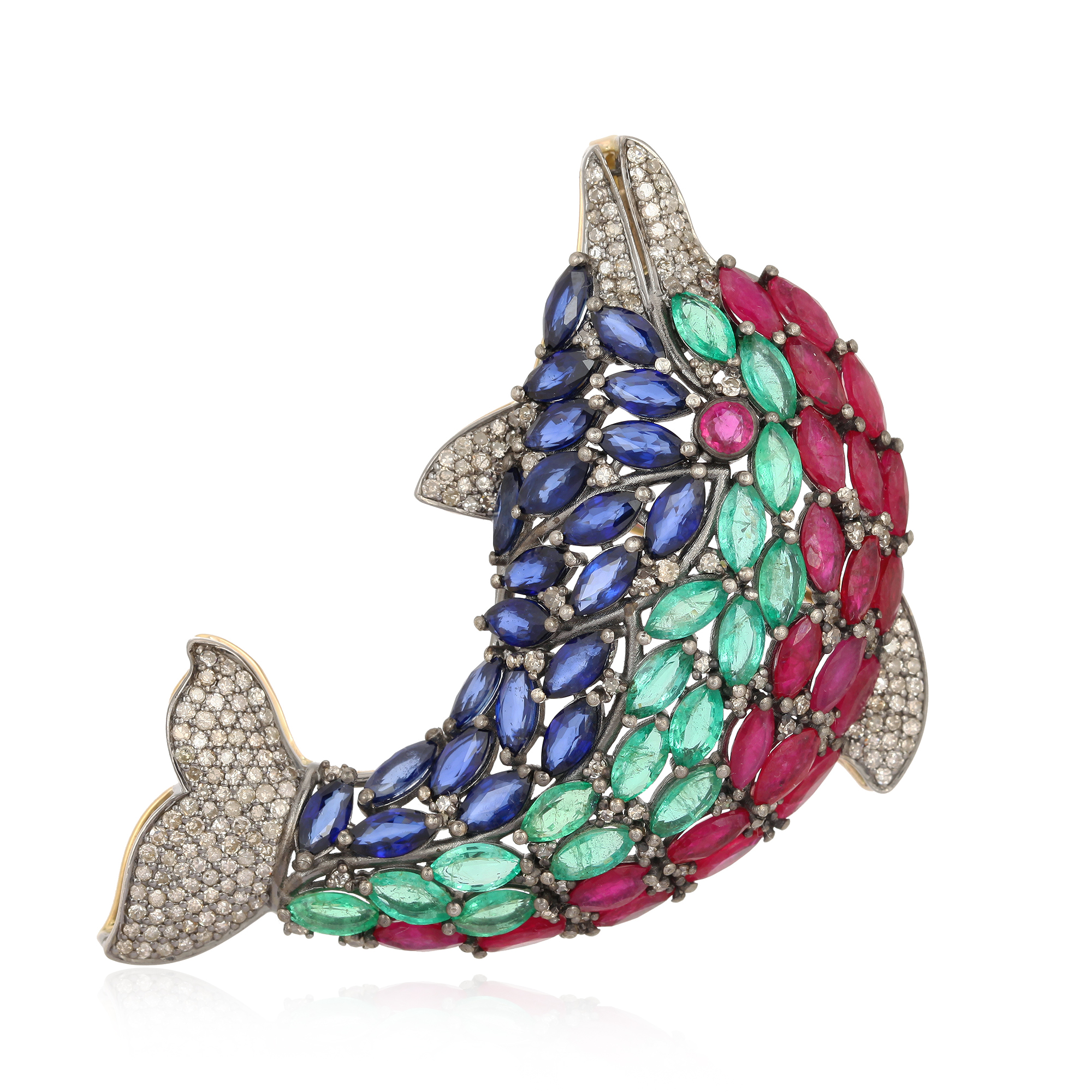 Ruby Emerald Blue Sapphire and Diamond Fish Brooch in Silver and 14K Gold