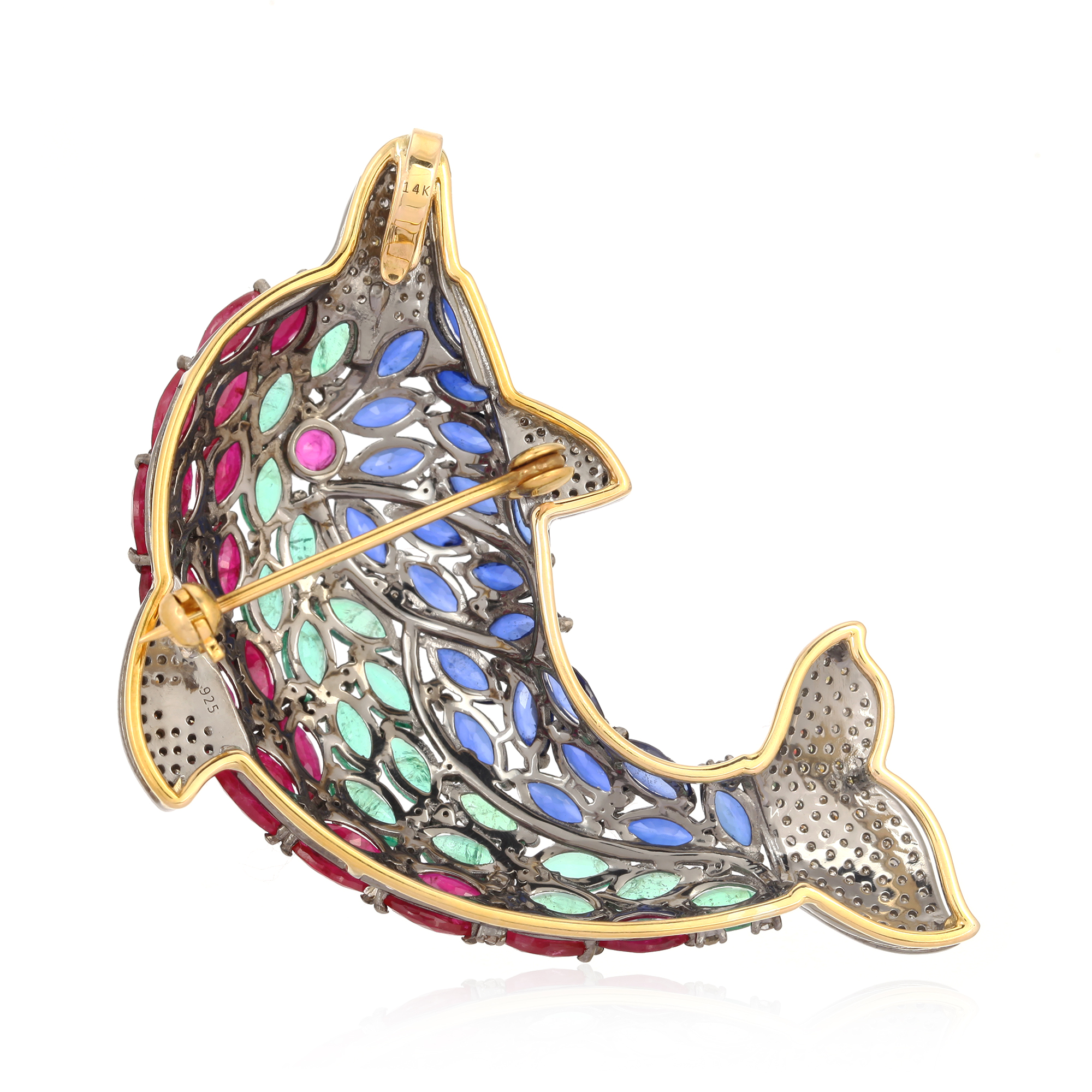 Ruby Emerald Blue Sapphire and Diamond Fish Brooch in Silver and 14K Gold