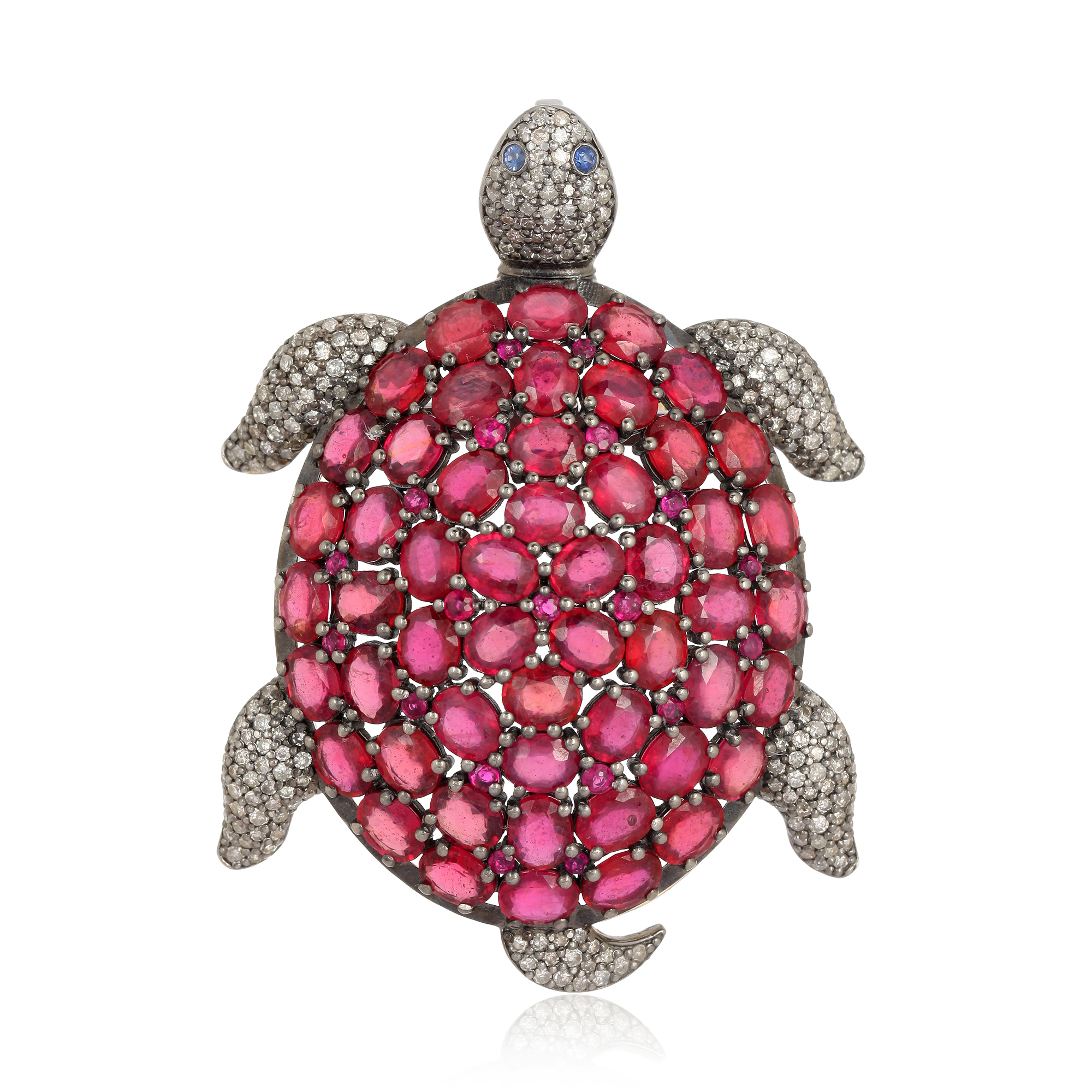 Ruby Turtle Brooch with Diamonds in Silver and 14K Gold