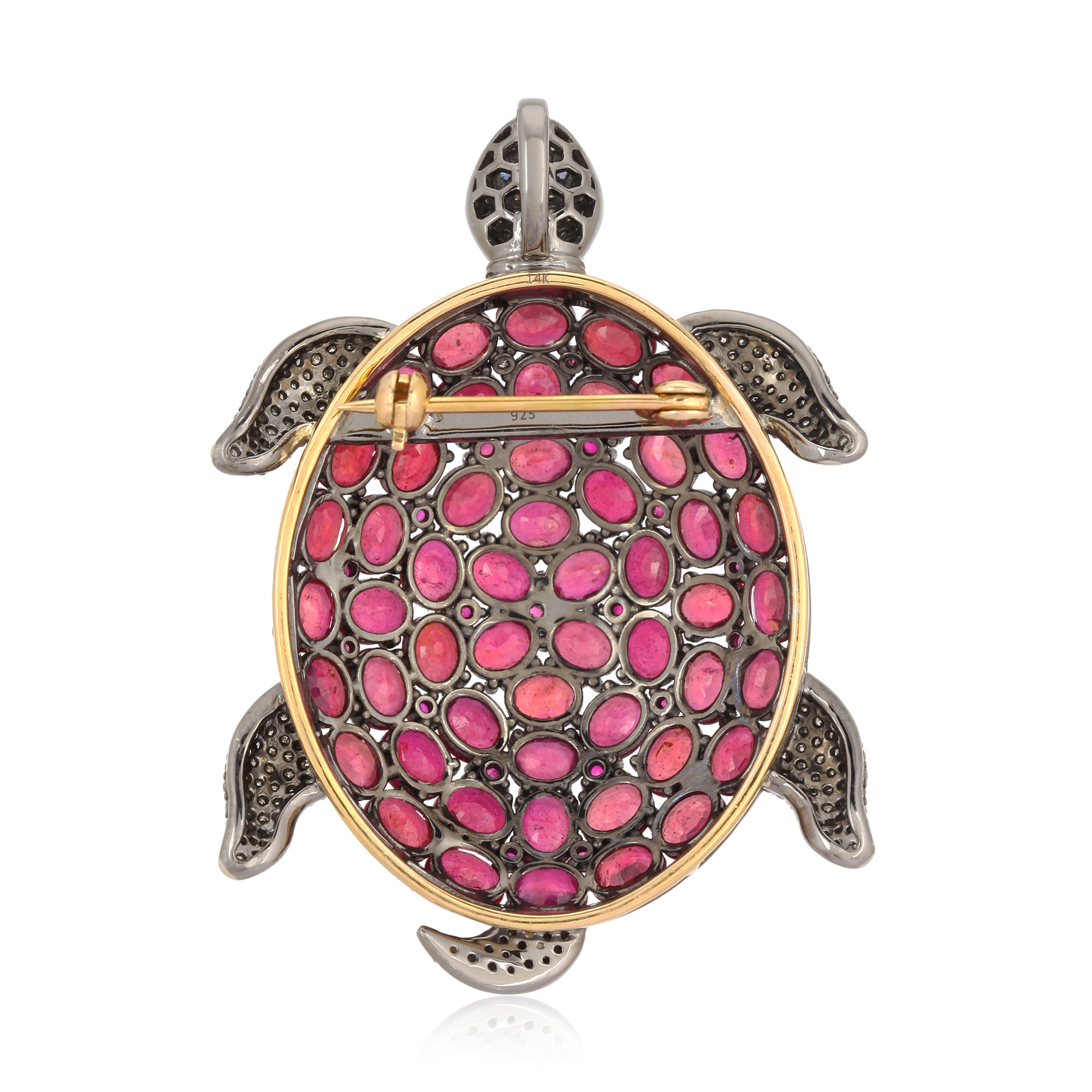 Ruby Turtle Brooch with Diamonds in Silver and 14K Gold
