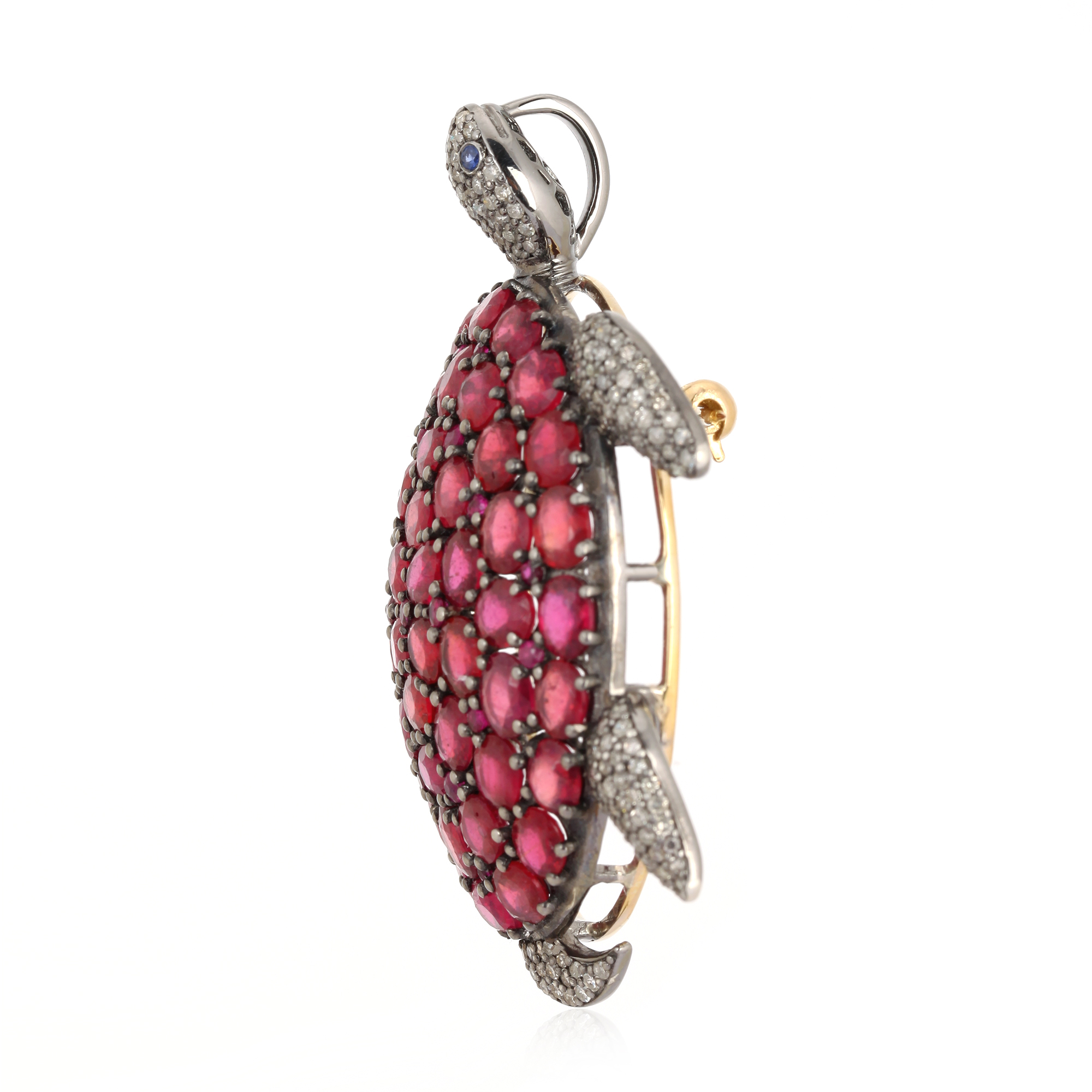 Ruby Turtle Brooch with Diamonds in Silver and 14K Gold