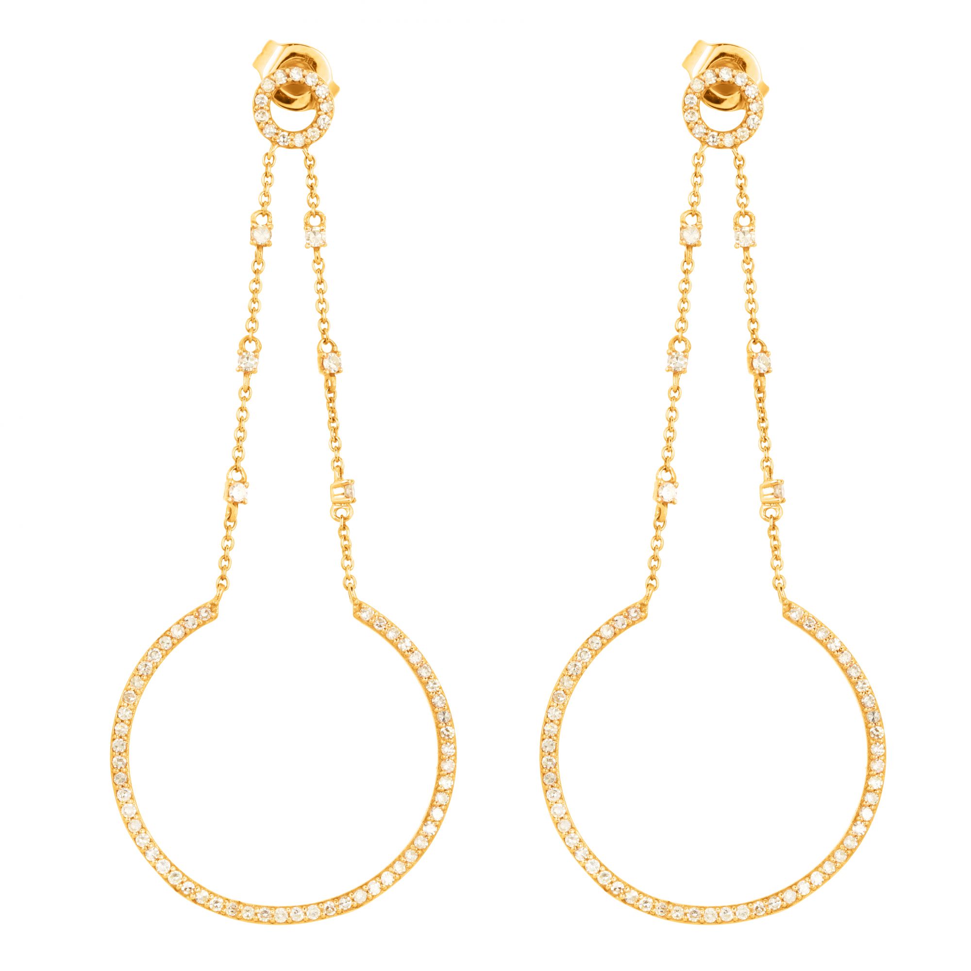 Yellow Gold Dangle Diamond Studded Semi Circle Earrings