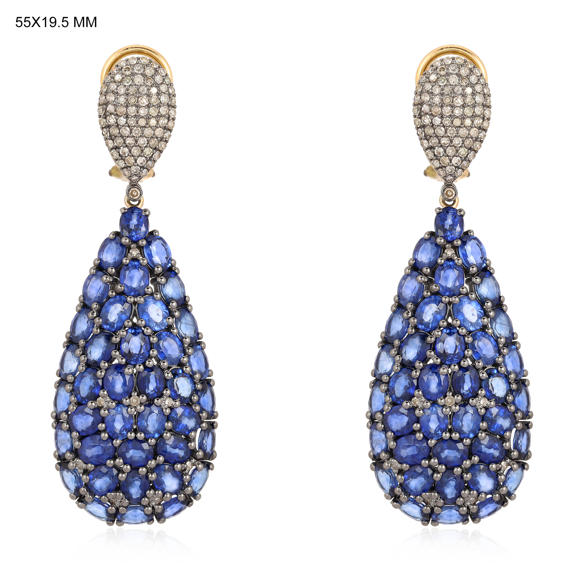 Sterling Silver Drop Shaped Blue Sapphire and Diamond Danglers