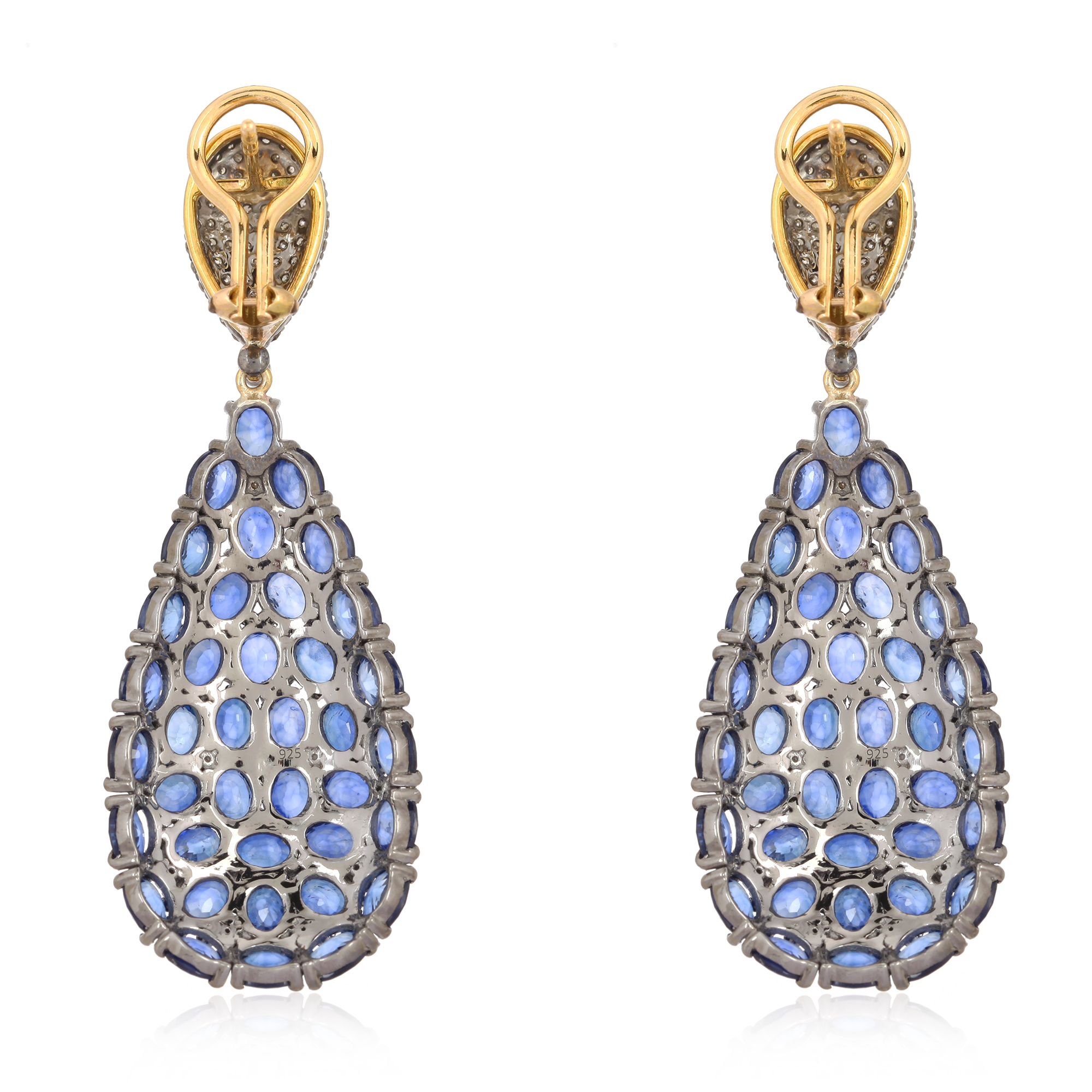 Sterling Silver Drop Shaped Blue Sapphire and Diamond Danglers