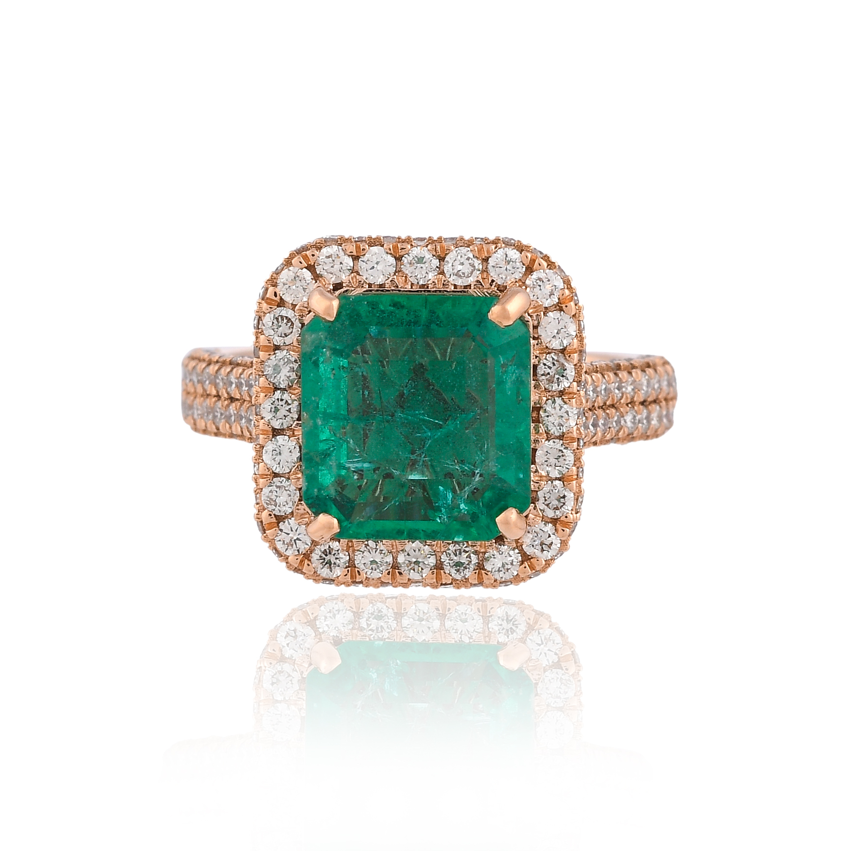 Rose Gold classic emerald halo ring