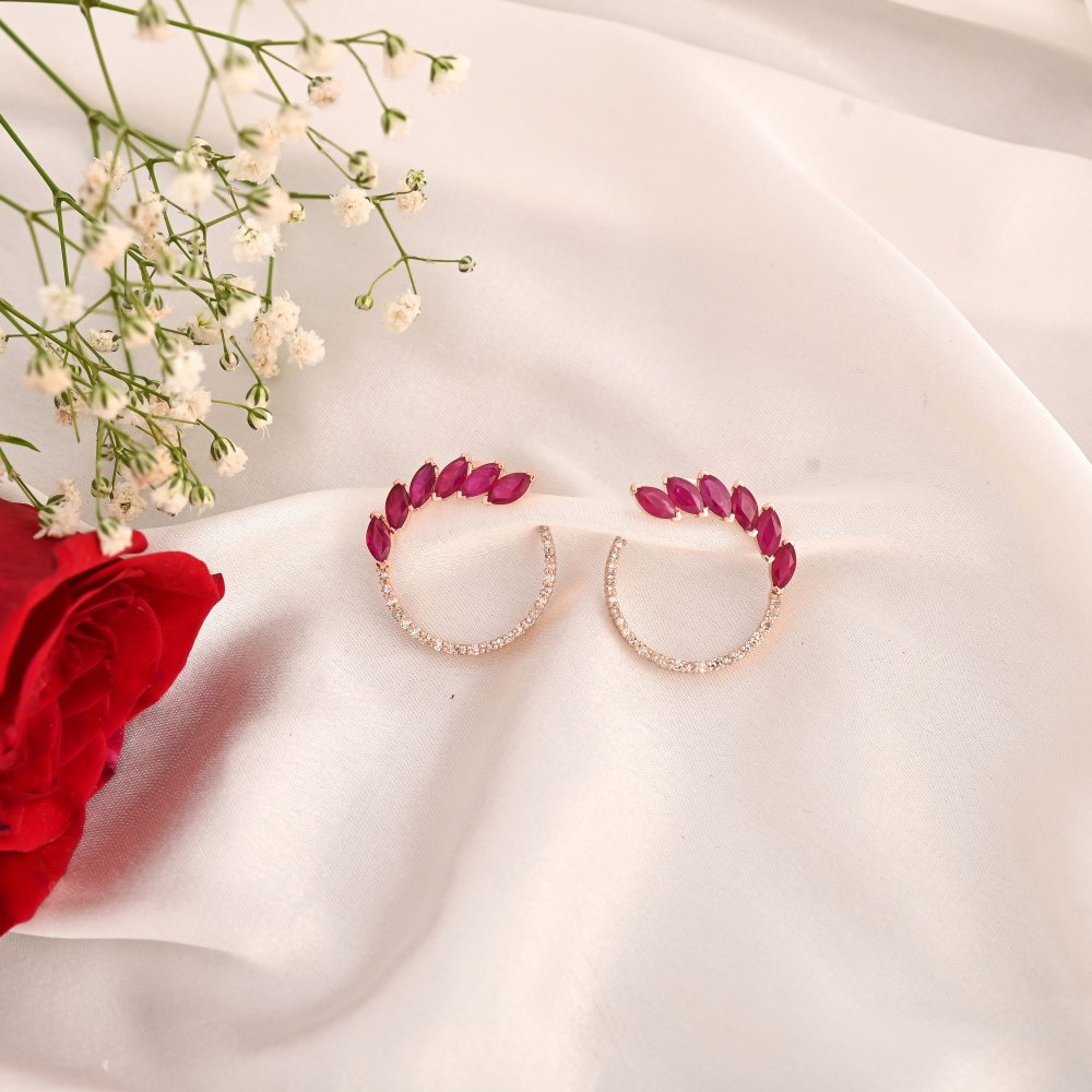 Image of Rose Gold Ruby Diamond Hoop Earrings