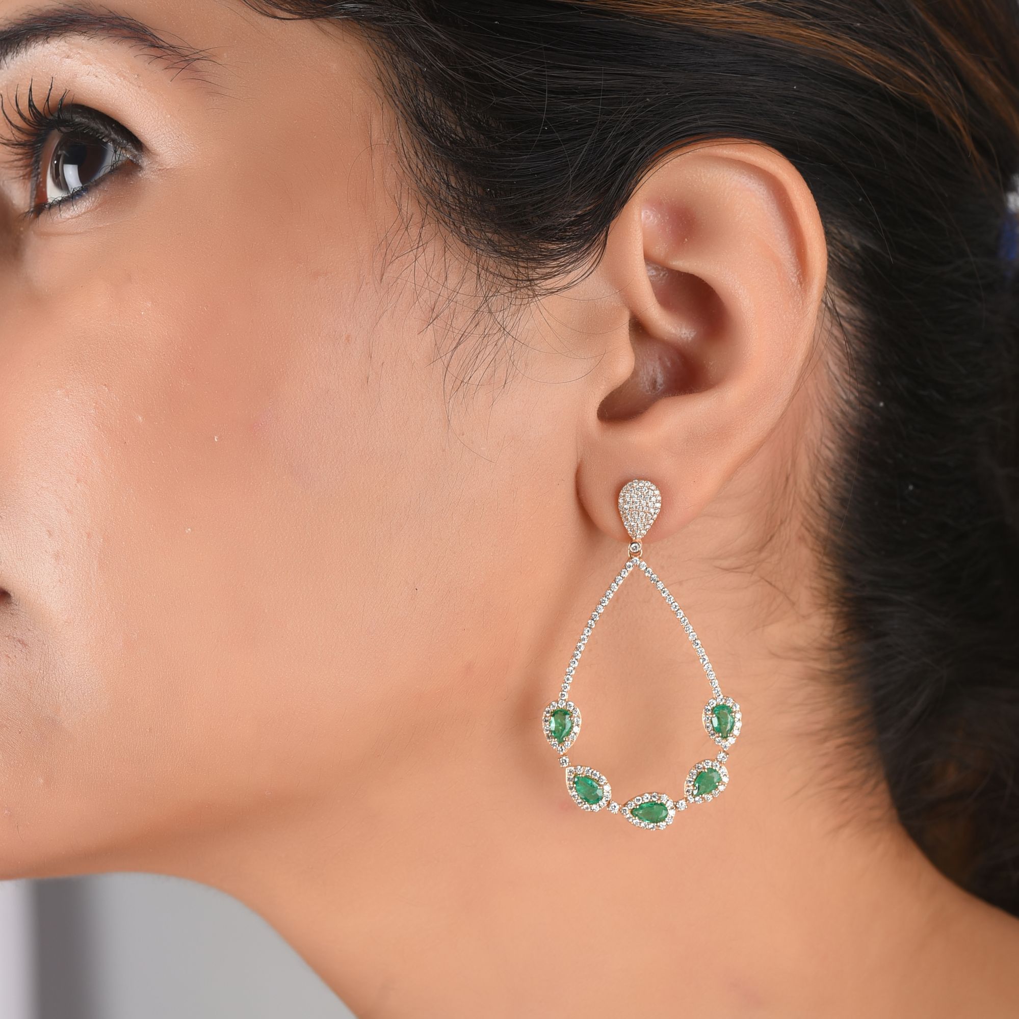 Rose Gold Emerald Diamond Dangle Earrings