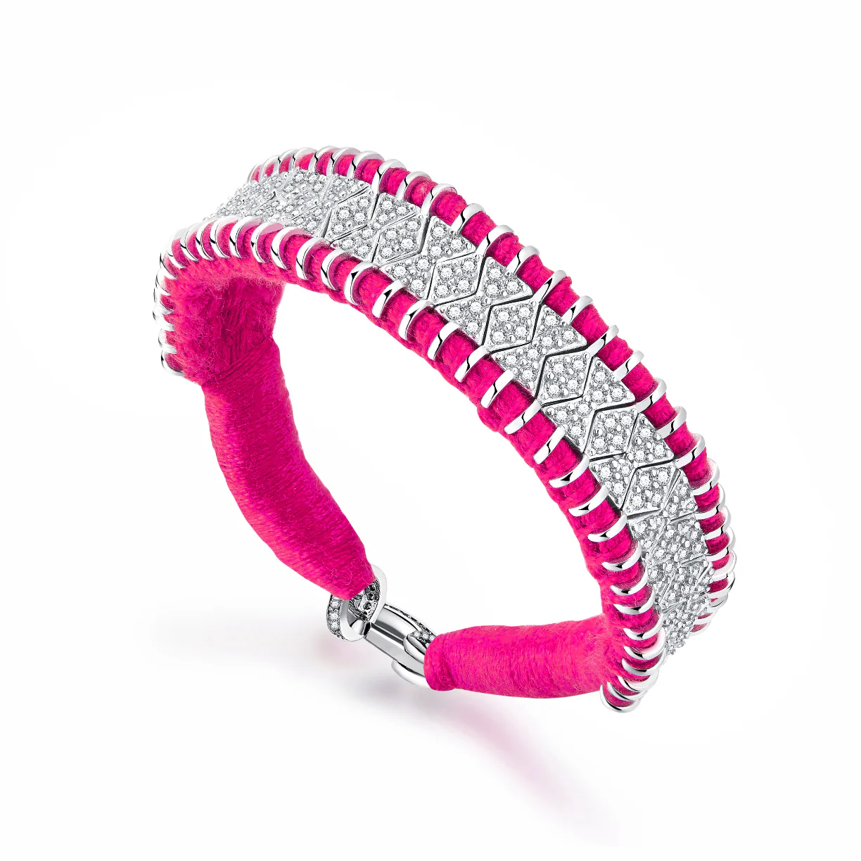 Woven Neon Pink Bracelet With Diamonds