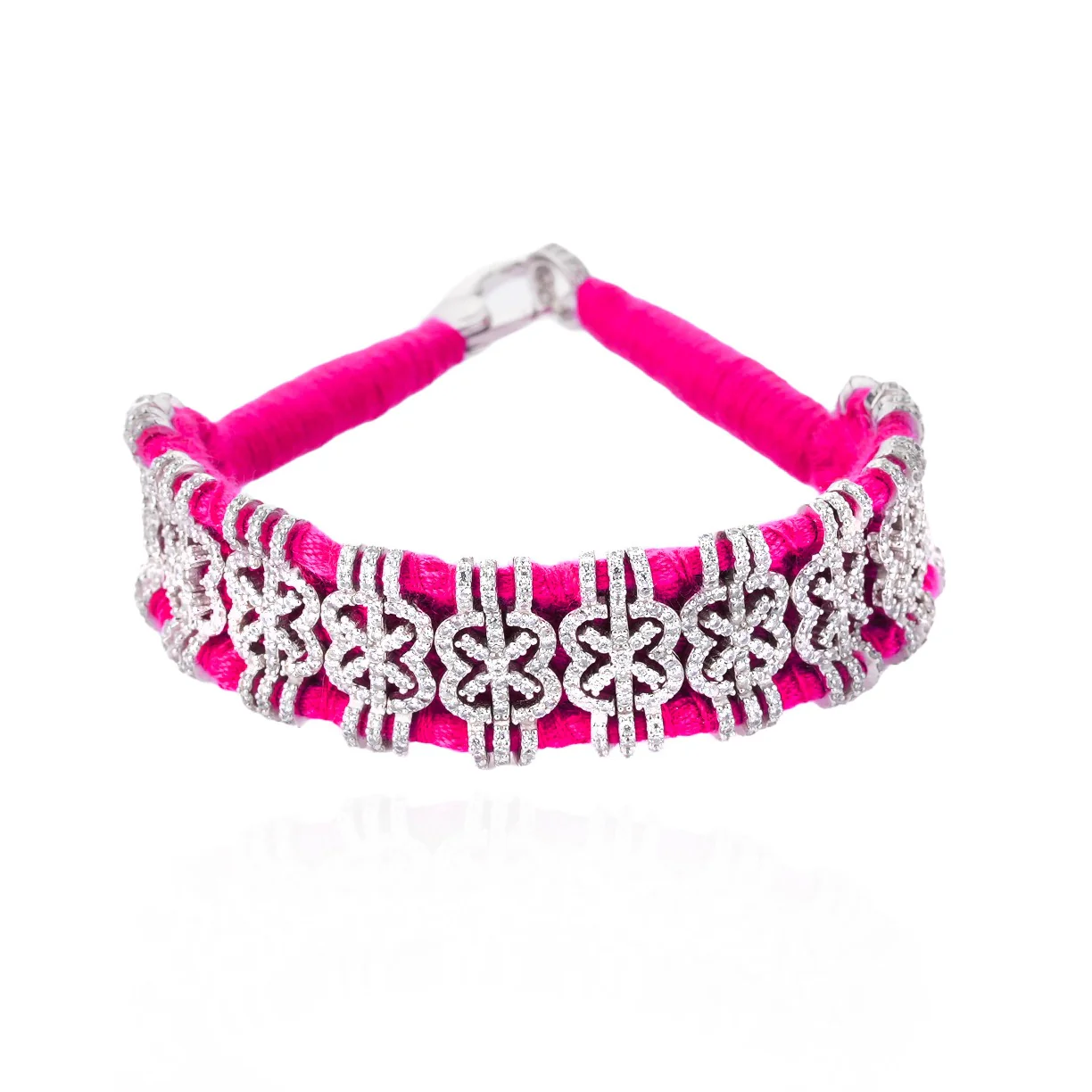 Woven Neon Pink Bracelet With Diamonds