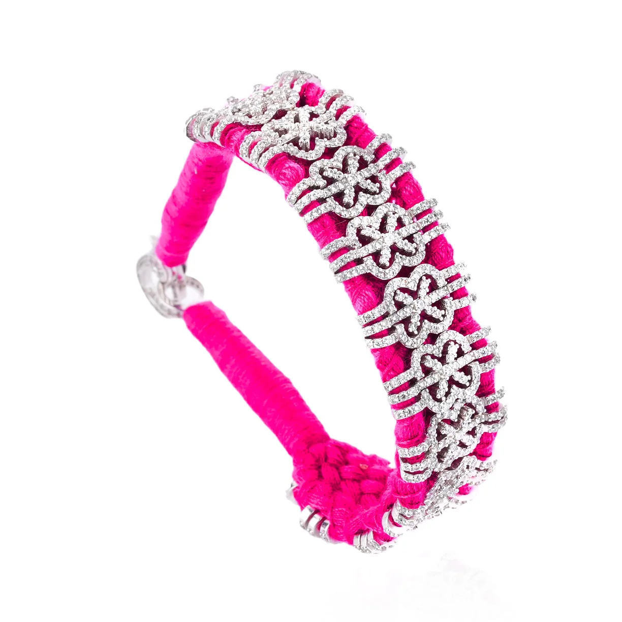 Woven Neon Pink Bracelet With Diamonds