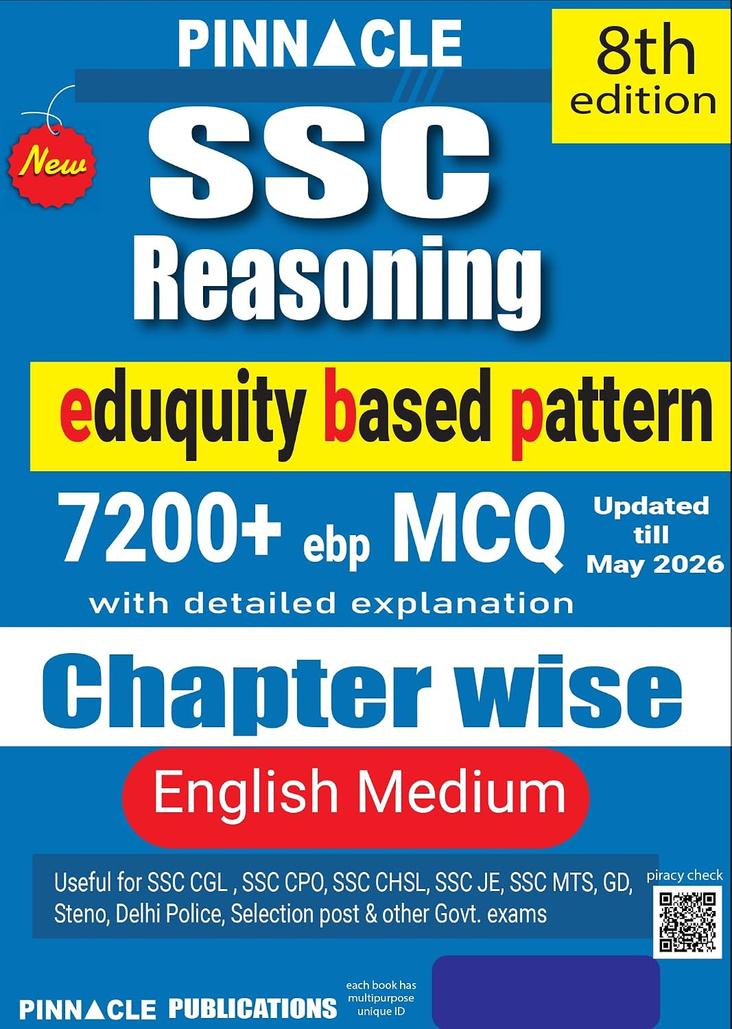 Pinnacle SSC Reasoning 7200+ ebp (Eduquity Based Pattern) Chapter wise MCQ Updated Till May 2026 English Medium 8th Edition 2026