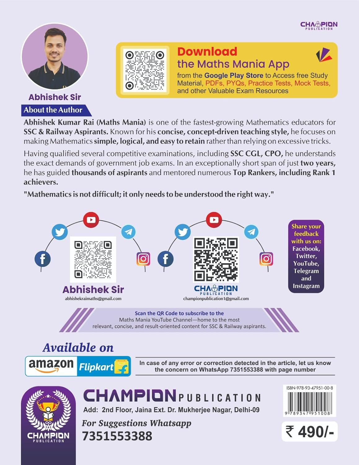 Champion SSC The Complete Book Mathematics Bilingual New Edition 2026 By Abhishek Sir (Maths Mania)