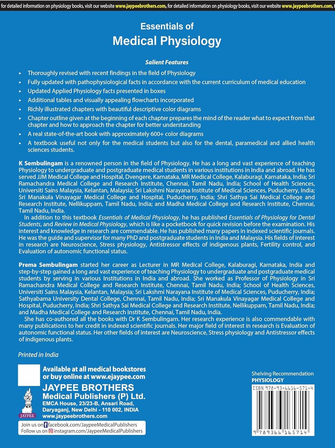 Jaypee Essentials of Medical Physiology 10th Edition By K Sembulingam Prema Sembulingam