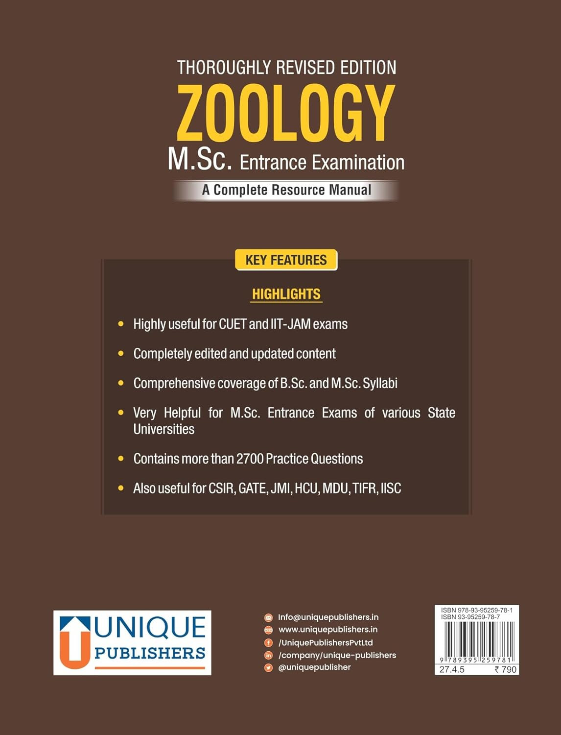 Unique Publishers Zoology MSc Entrance Examination A Complete Resource Manual by Dr Anita Sehgal Useful For CUET And State University Tests, IIT-JAM, CSIR, GATE, JMI, HCU, MDU, TIFR, IISC, JEST, IIA-IGNOU, PGT, BSc Hons, University Examinations