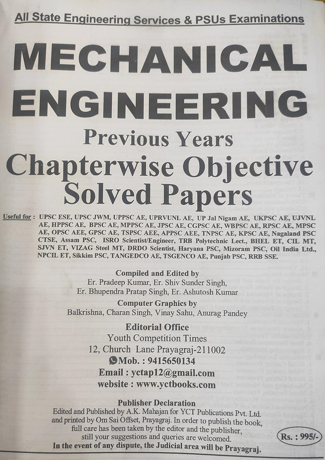 Youth Competition Times AE Mechanical Engineering Chapterwise Solved Papers Volume-1 English Medium 35125+ Questions New Edition Useful For UPPSC AE, ESE, ISRO, GATE, State PSC Exams