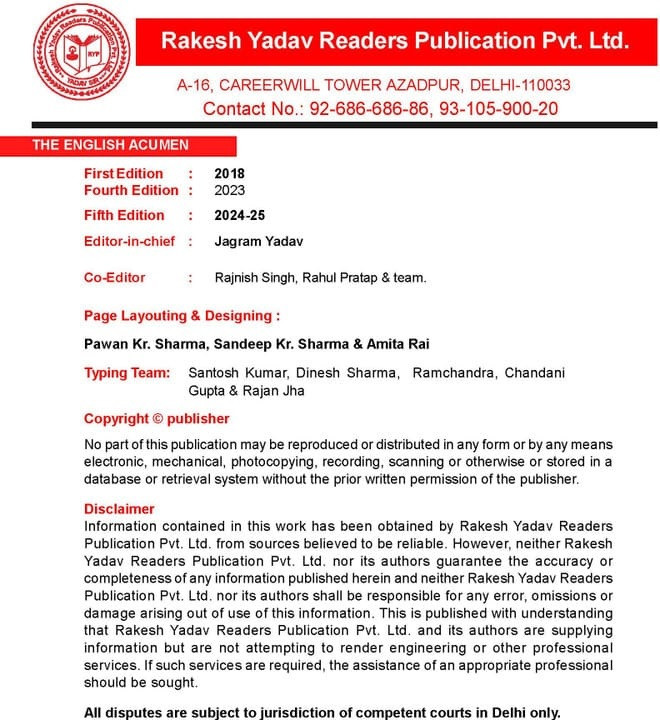 The English Acumen Book Fifthy Edition September 2025 By Gopal Verma (Grammar, Vocabulary, and Comprehension)