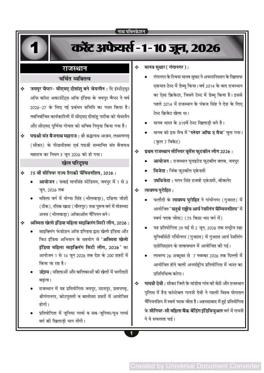 Nath Second Grade Paper-1 Rajasthan Current Affairs Volume-2 Vastunisth Prashna Bank 1 May to 10 June 2026 By Vijay Khichar, Vikram Silaich, Vikas Silayach