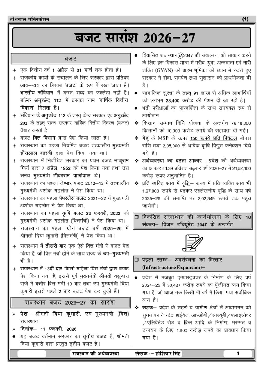 Dhindhwal Rajasthan Ka Budget Evm Arthik Samiksha (Rajasthan Budget 2026-27 and Economic Survey 2025-26) By Hoshiyar Singh 5th Edition 2026