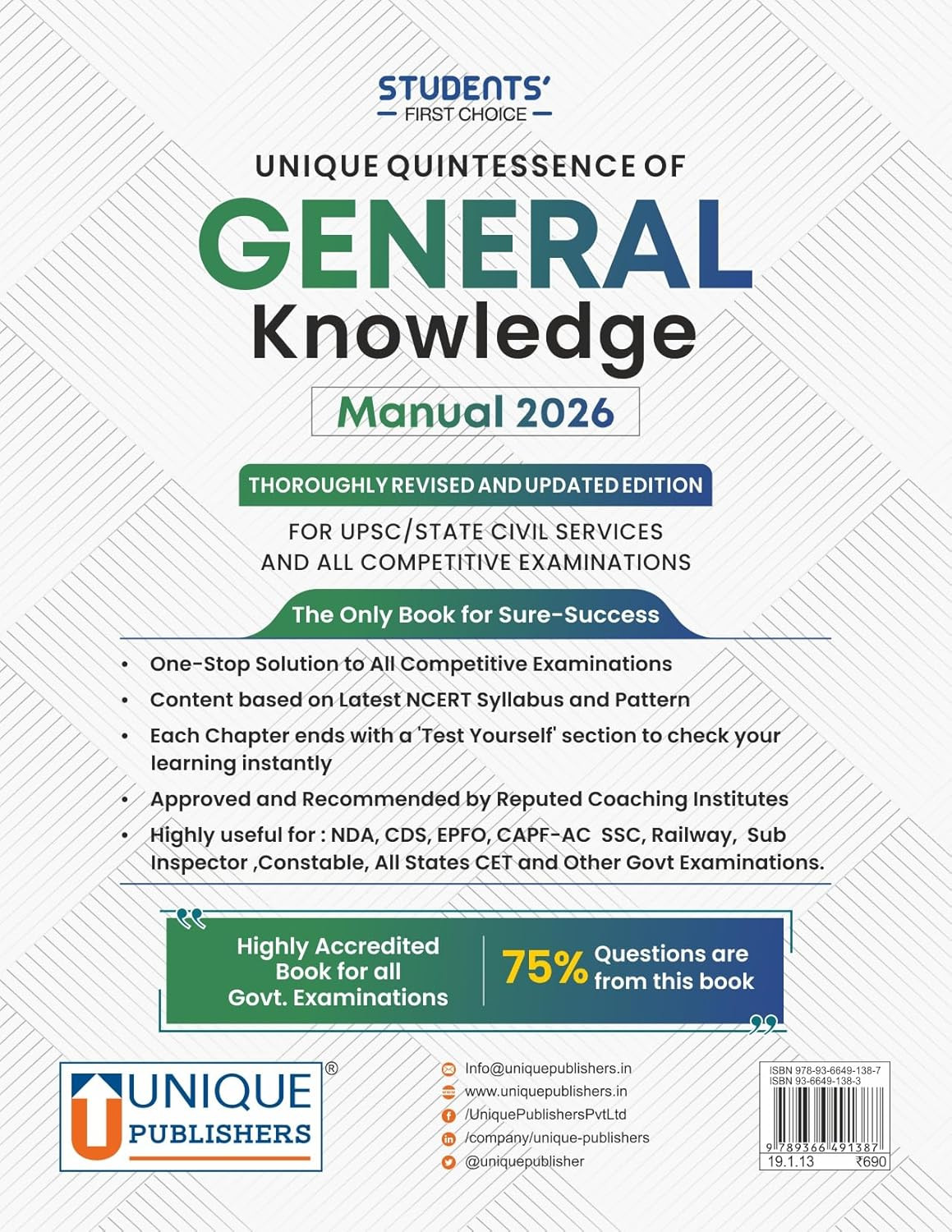 Unique Publishers General Knowledge Manual 2026 By J K Chopra Completely Revised and Updated Edition September 2026 For Union/State Civil Services, UPSC, State PCS, SSC, Banking, Railways, all Competitive Exams