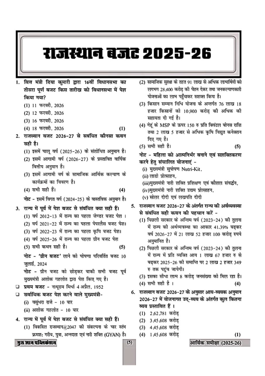 GuruGyan Rajasthan Aarthik Samiksha (Rajasthan Economic Survey) 2025-26 New Edition 2026 Topic-wise 300+ Question By Santosh Bishnoi Sir