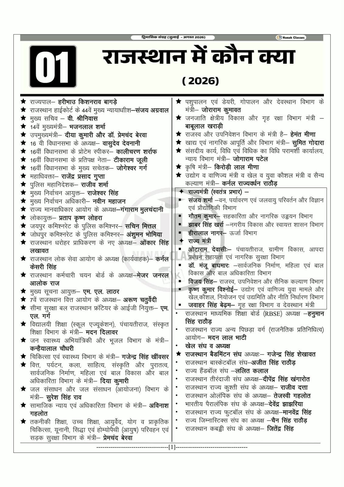 Nanak Classes Rajasthan Current Affairs Bimonthly July and August 2026 Ank-04 By Shiv Sir And Govind Verma