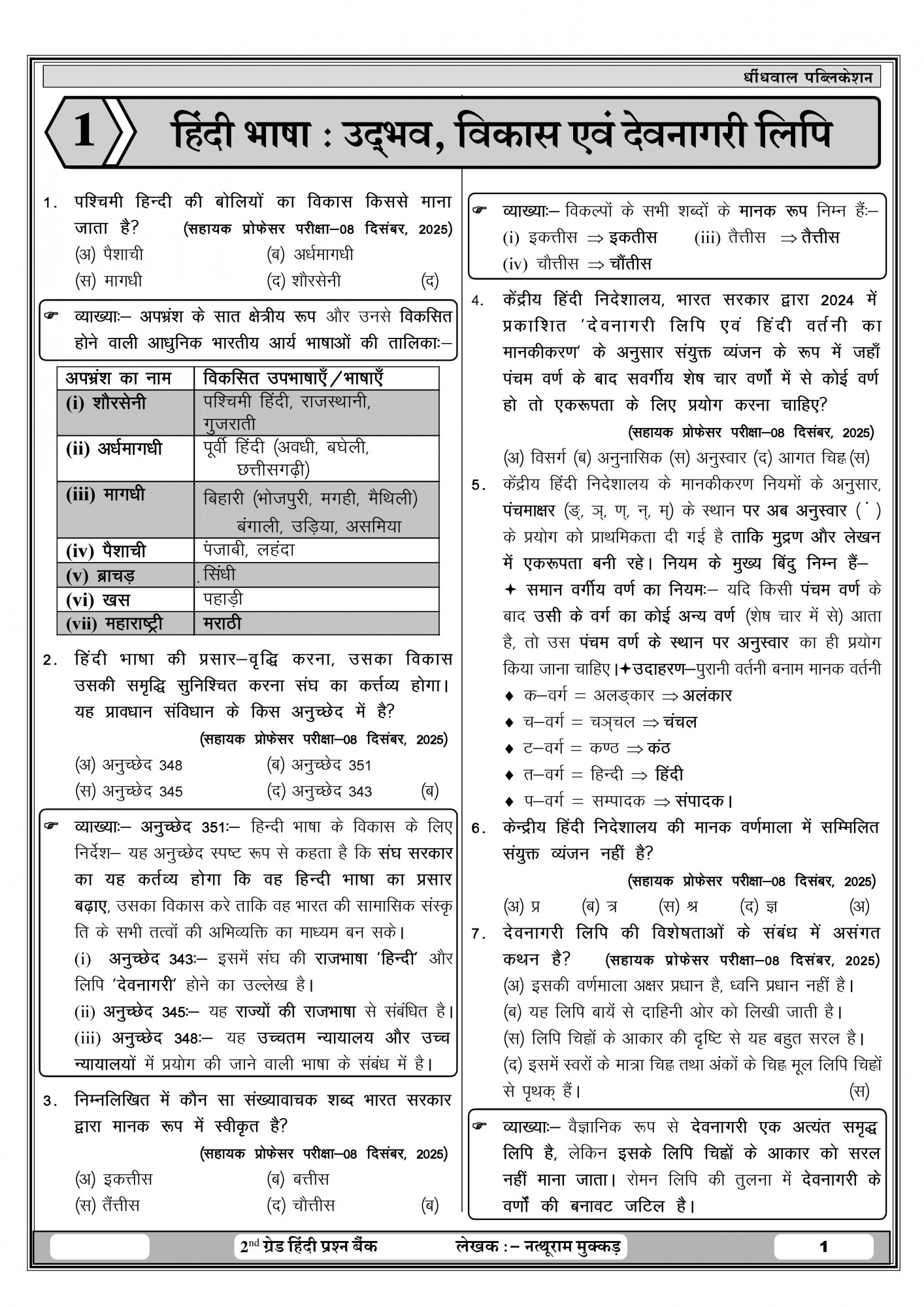 Dhindhwal Second Grade Hindi Prashan Bank (Hindi Question Bank) New Edition April 2026 By Nathu Ram Mukkad
